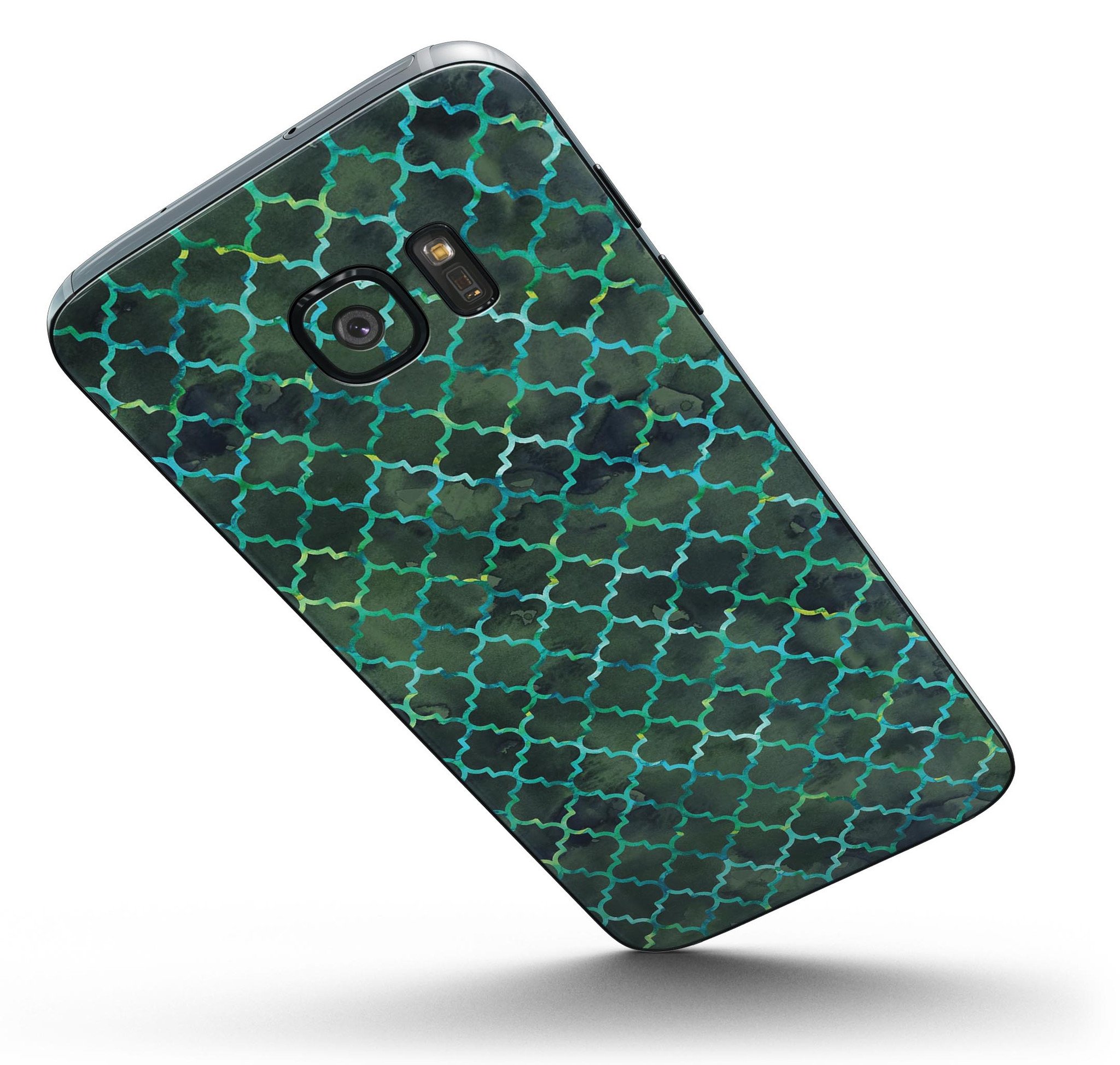 Dark Green Watercolor Quatrefoil skin for Samsung Galaxy S7/S7 Edge, showcasing vibrant colors and intricate design.