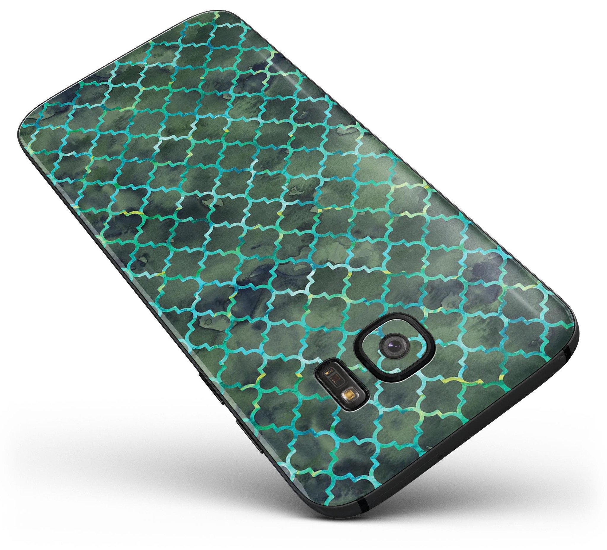 Dark Green Watercolor Quatrefoil skin for Samsung Galaxy S7/S7 Edge, showcasing vibrant colors and intricate design.