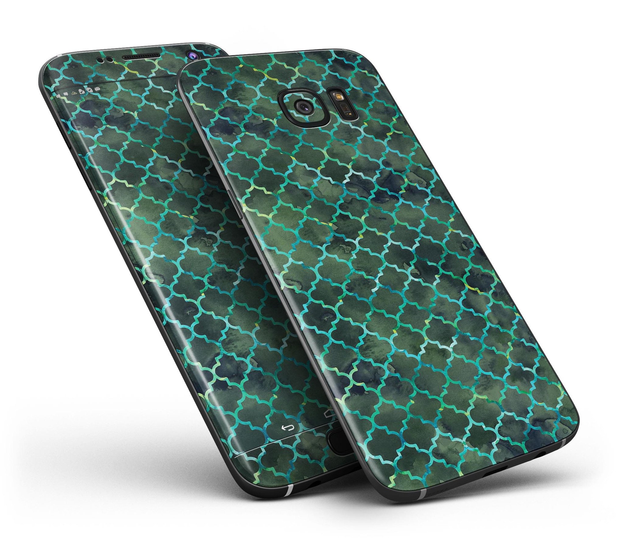 Dark Green Watercolor Quatrefoil skin for Samsung Galaxy S7/S7 Edge, showcasing vibrant colors and intricate design.