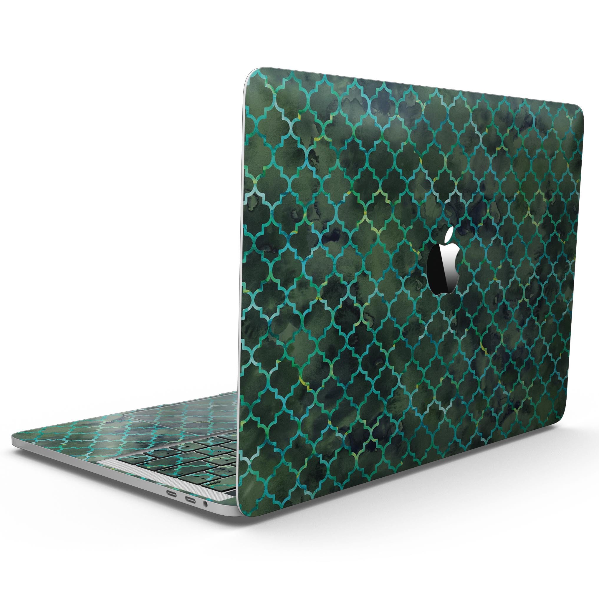 Dark Green Watercolor Quatrefoil skin for MacBook Pro with Touch Bar, showcasing vibrant colors and intricate quatrefoil pattern.