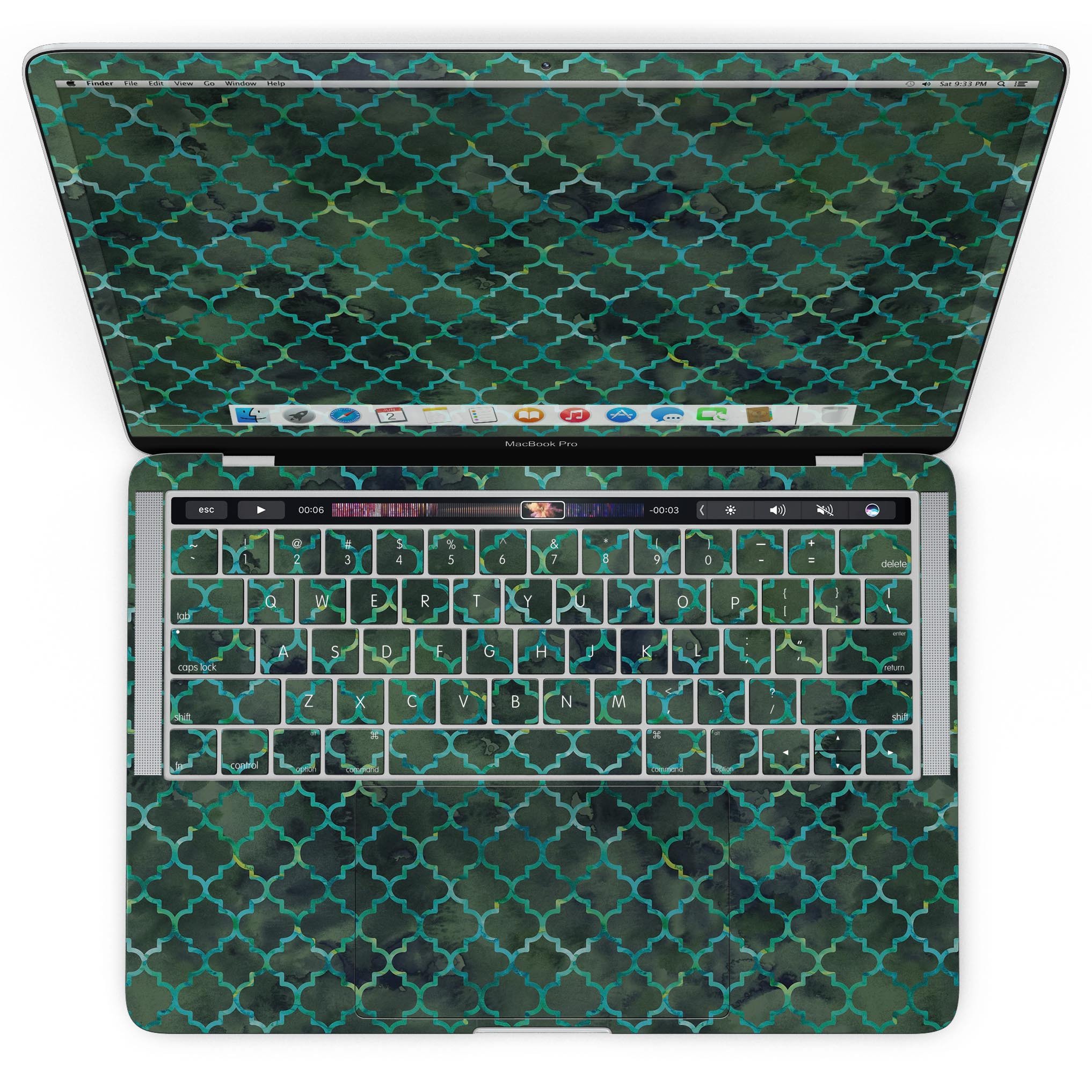 Dark Green Watercolor Quatrefoil skin for MacBook Pro with Touch Bar, showcasing vibrant colors and intricate quatrefoil pattern.