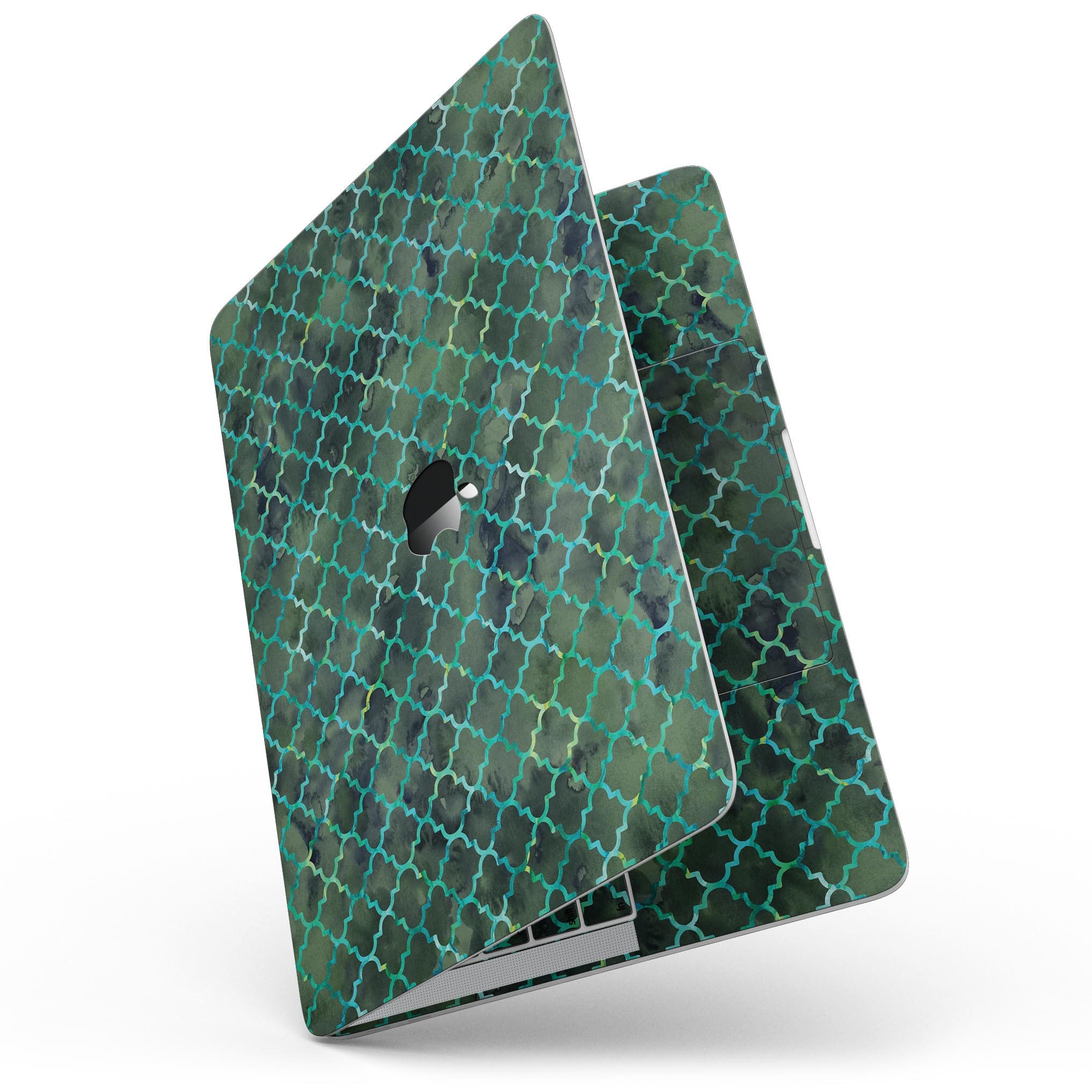 Dark Green Watercolor Quatrefoil skin for MacBook Pro with Touch Bar, showcasing vibrant colors and intricate quatrefoil pattern.