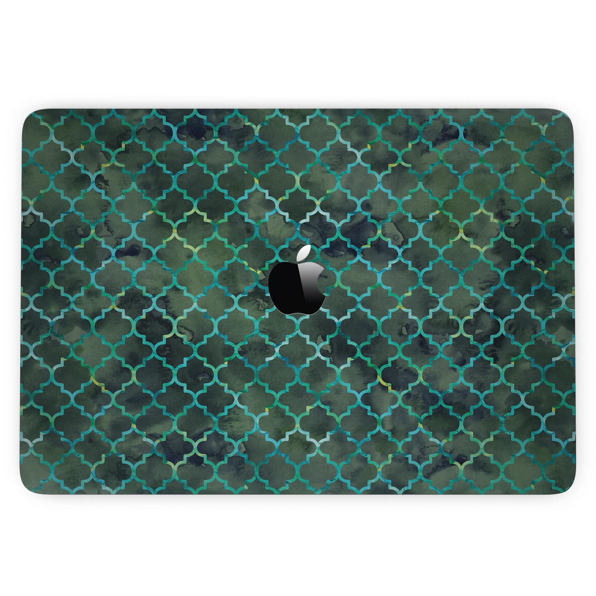 Dark Green Watercolor Quatrefoil skin for MacBook Pro with Touch Bar, showcasing vibrant colors and intricate quatrefoil pattern.