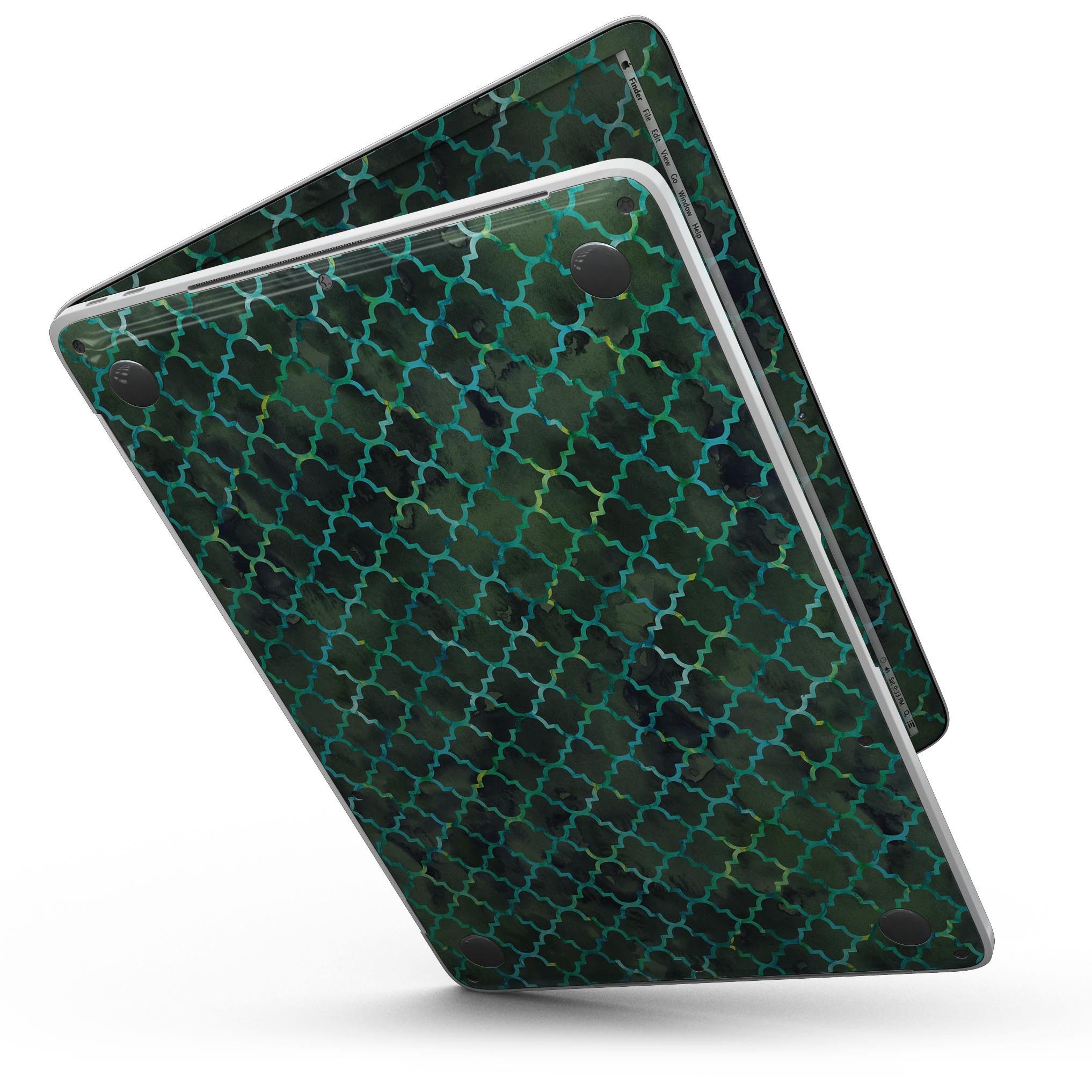 Dark Green Watercolor Quatrefoil skin for MacBook Pro with Touch Bar, showcasing vibrant colors and intricate quatrefoil pattern.