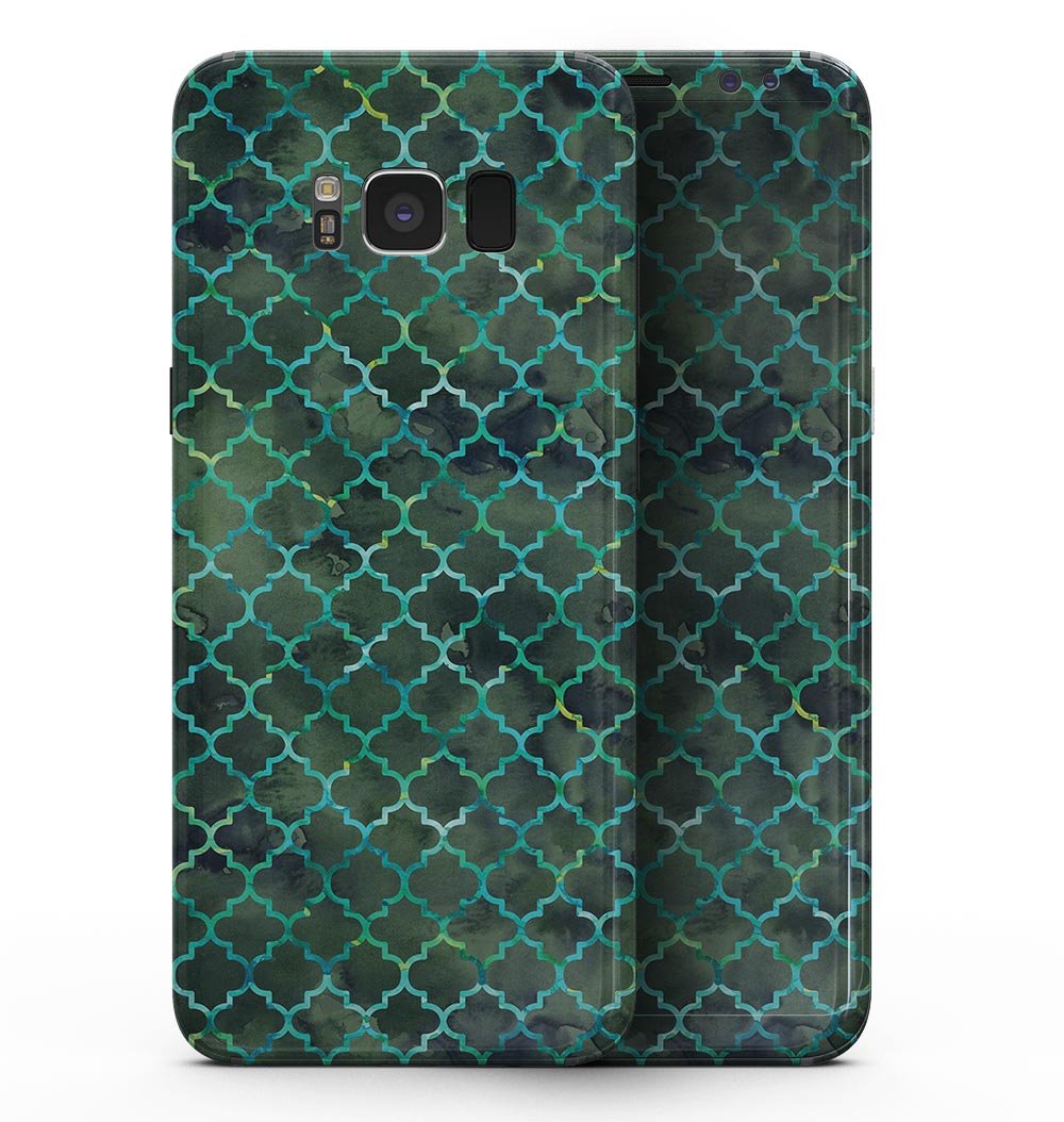 Dark green watercolor quatrefoil design skin for Samsung Galaxy S8, showcasing a stylish and protective full-body wrap.