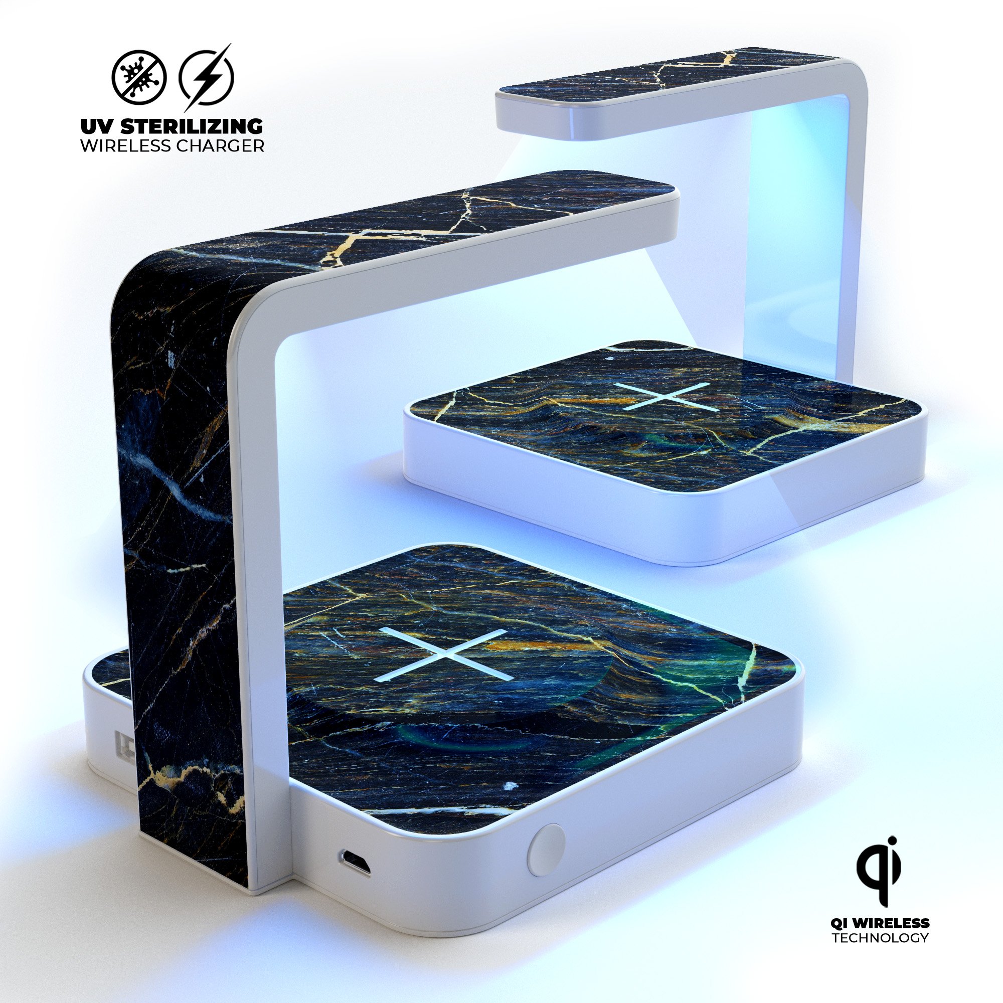 Dark Natural Marble Surface UV Germicidal Sanitizing Sterilizing Wireless Charger with phone placed on it, showcasing its sleek design and functionality.