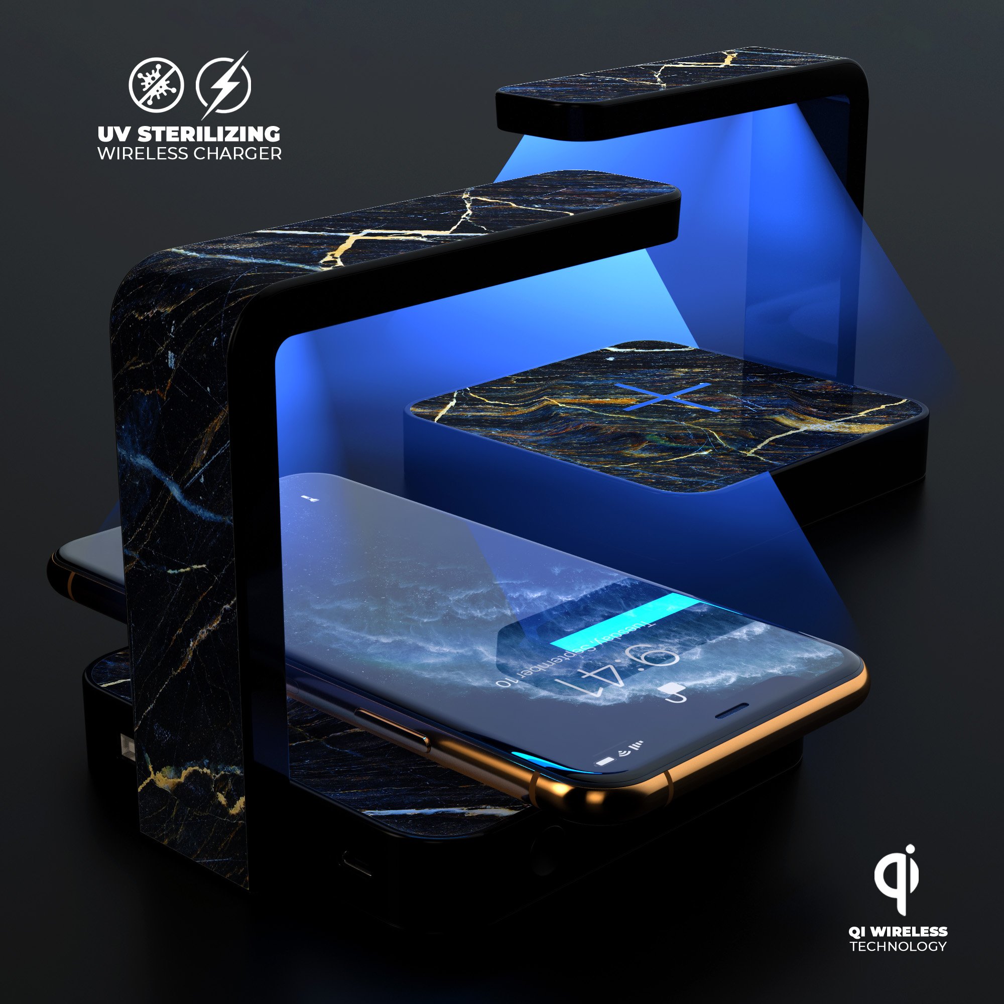 Dark Natural Marble Surface UV Germicidal Sanitizing Sterilizing Wireless Charger with phone placed on it, showcasing its sleek design and functionality.