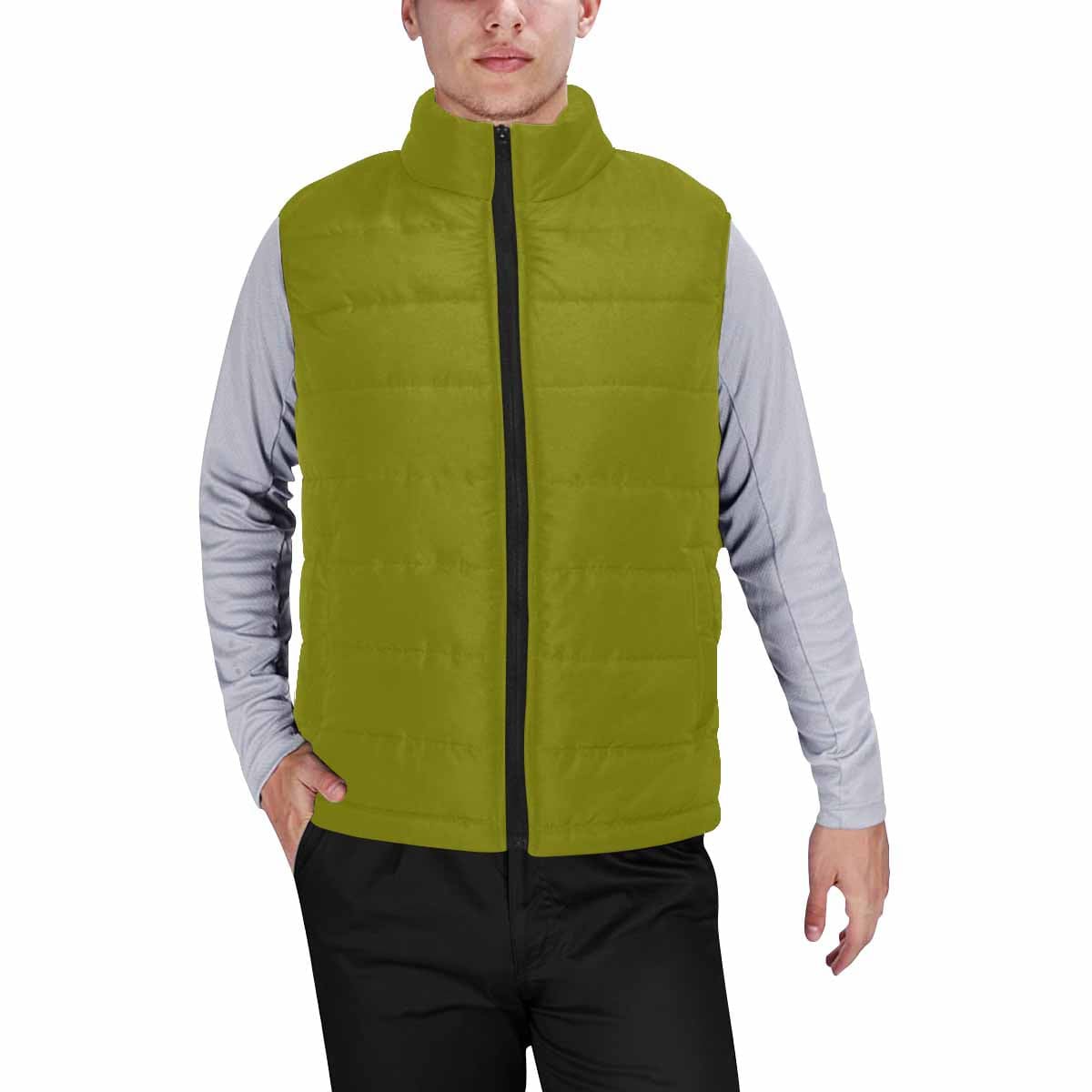 Dark Olive Green Men's Padded Vest featuring a quilted design and zipper closure, perfect for layering in cool weather.