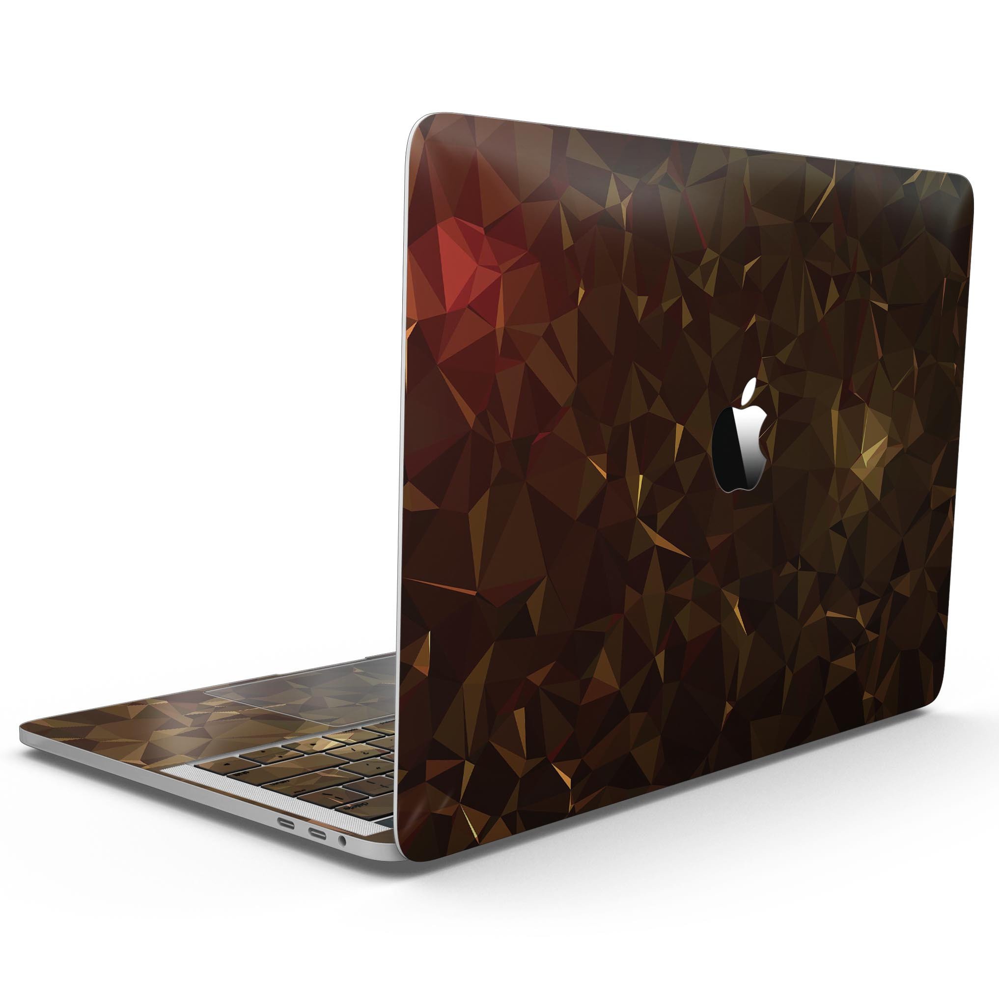 Dark Orange Geometric V13 skin kit for MacBook Pro with Touch Bar, showcasing vibrant geometric patterns and premium vinyl material.