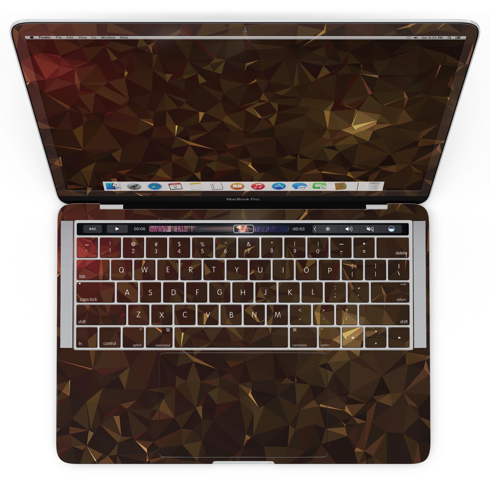 Dark Orange Geometric V13 skin kit for MacBook Pro with Touch Bar, showcasing vibrant geometric patterns and premium vinyl material.