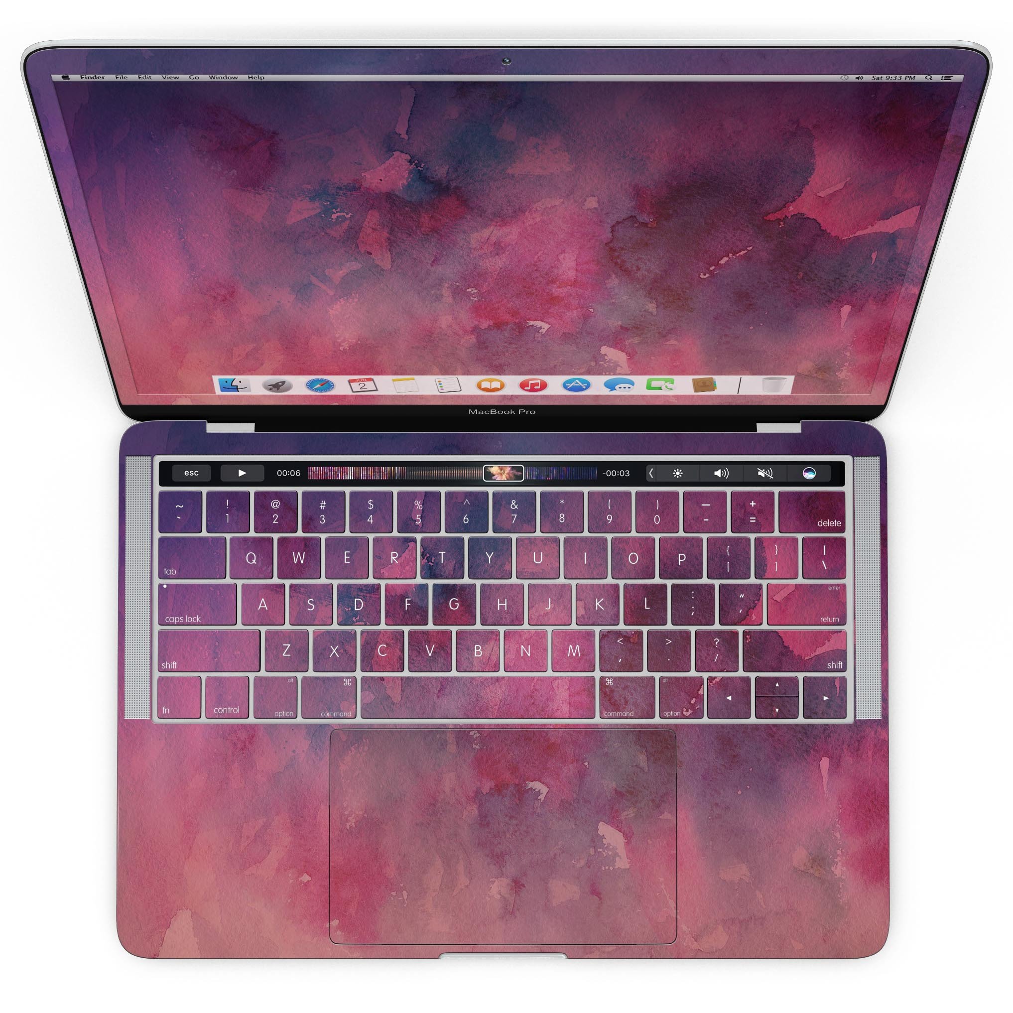 Dark Pink 53 Absorbed Watercolor Texture skin for MacBook Pro with Touch Bar, showcasing vibrant colors and a stylish design.