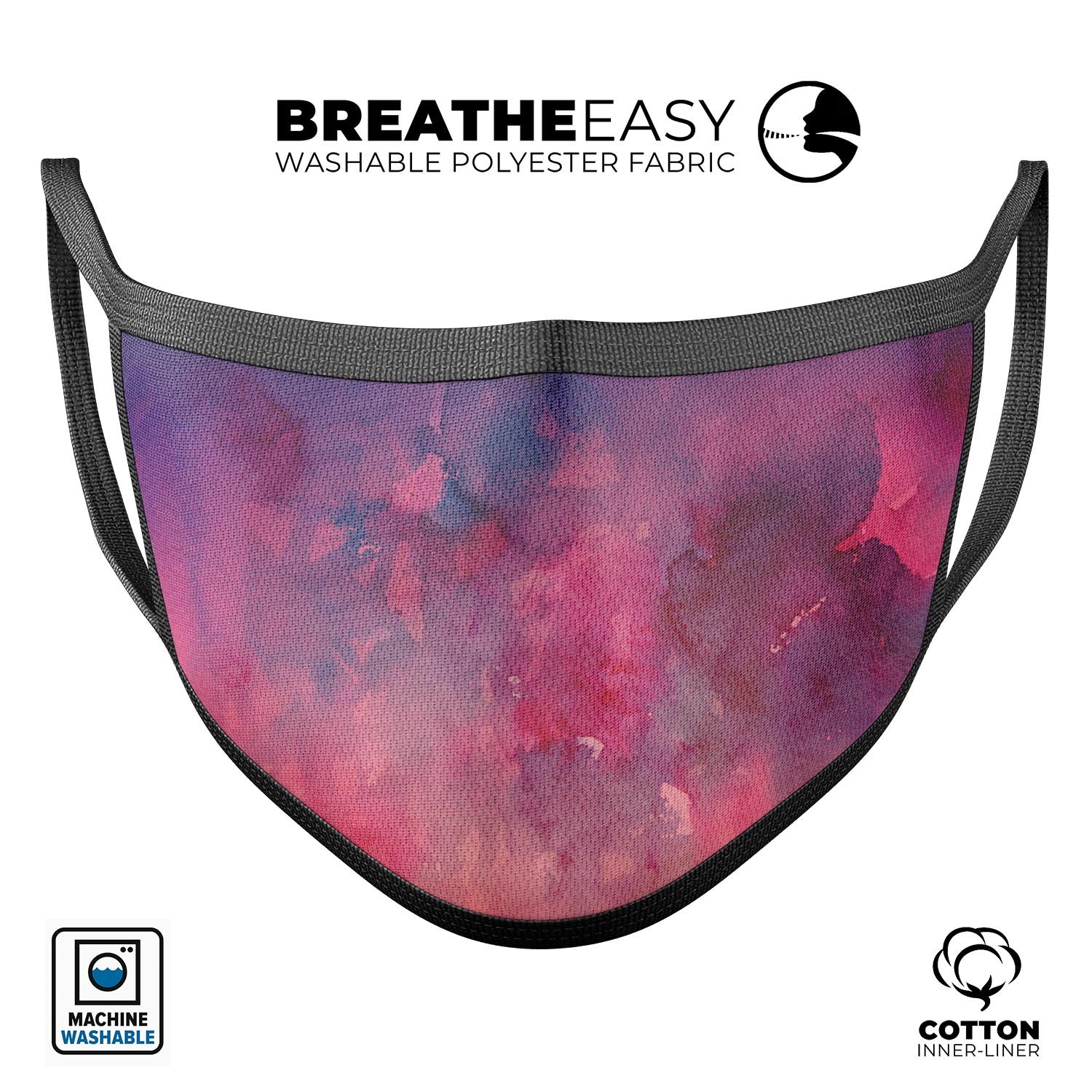 Dark Pink 53 Absorbed Watercolor Texture reusable face mask made in the USA, featuring adjustable ear loops and a soft cotton interior.