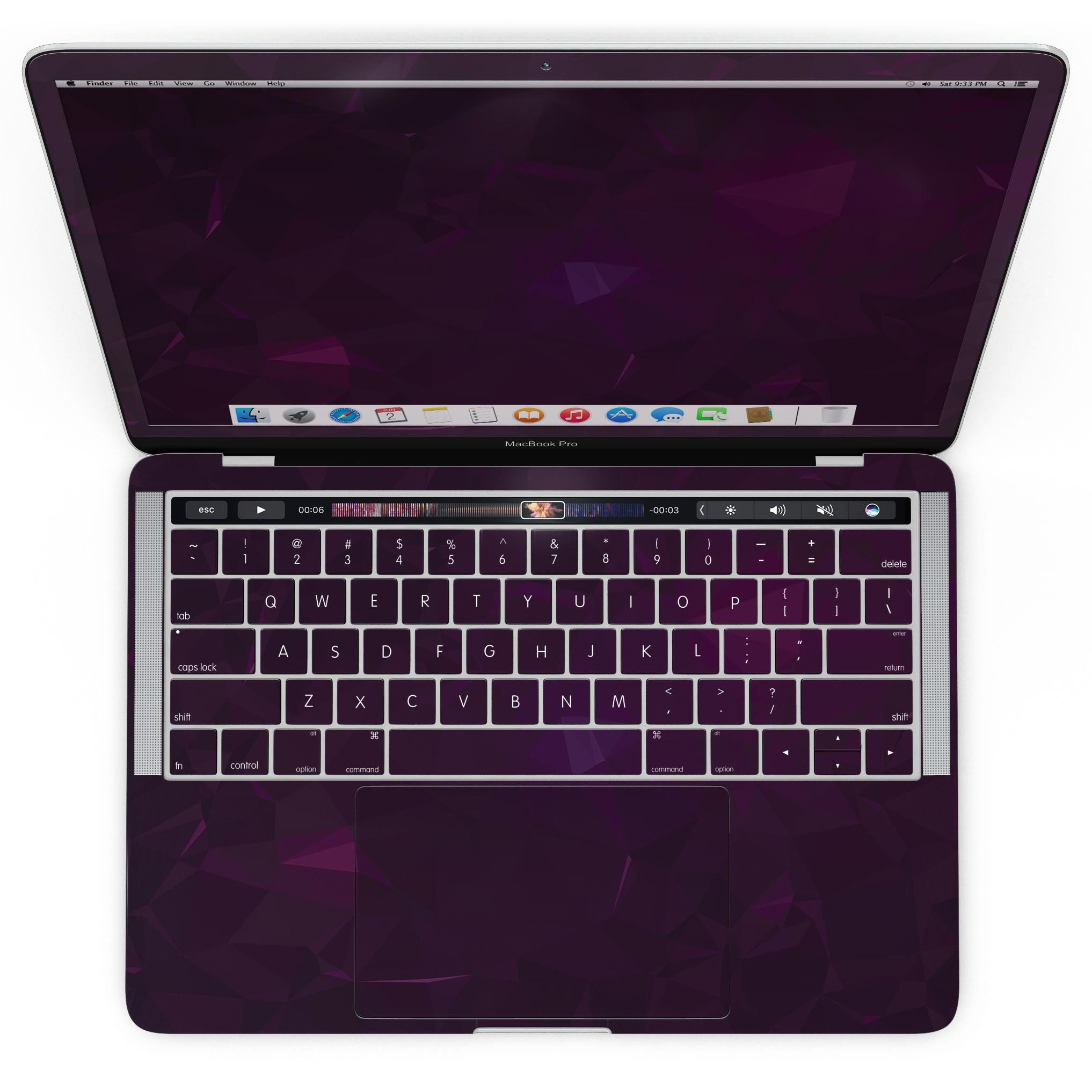 Dark Pink Geometric V16 skin kit for MacBook Pro with Touch Bar, showcasing vibrant geometric patterns and premium vinyl material.