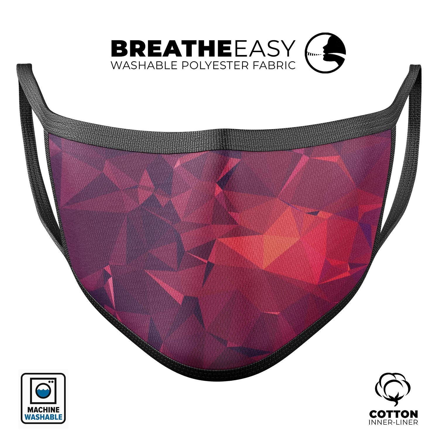 Dark Pink Geometric V19 mouth cover, unisex anti-dust mask made in the USA, featuring adjustable ear loops and a comfortable cotton interior.