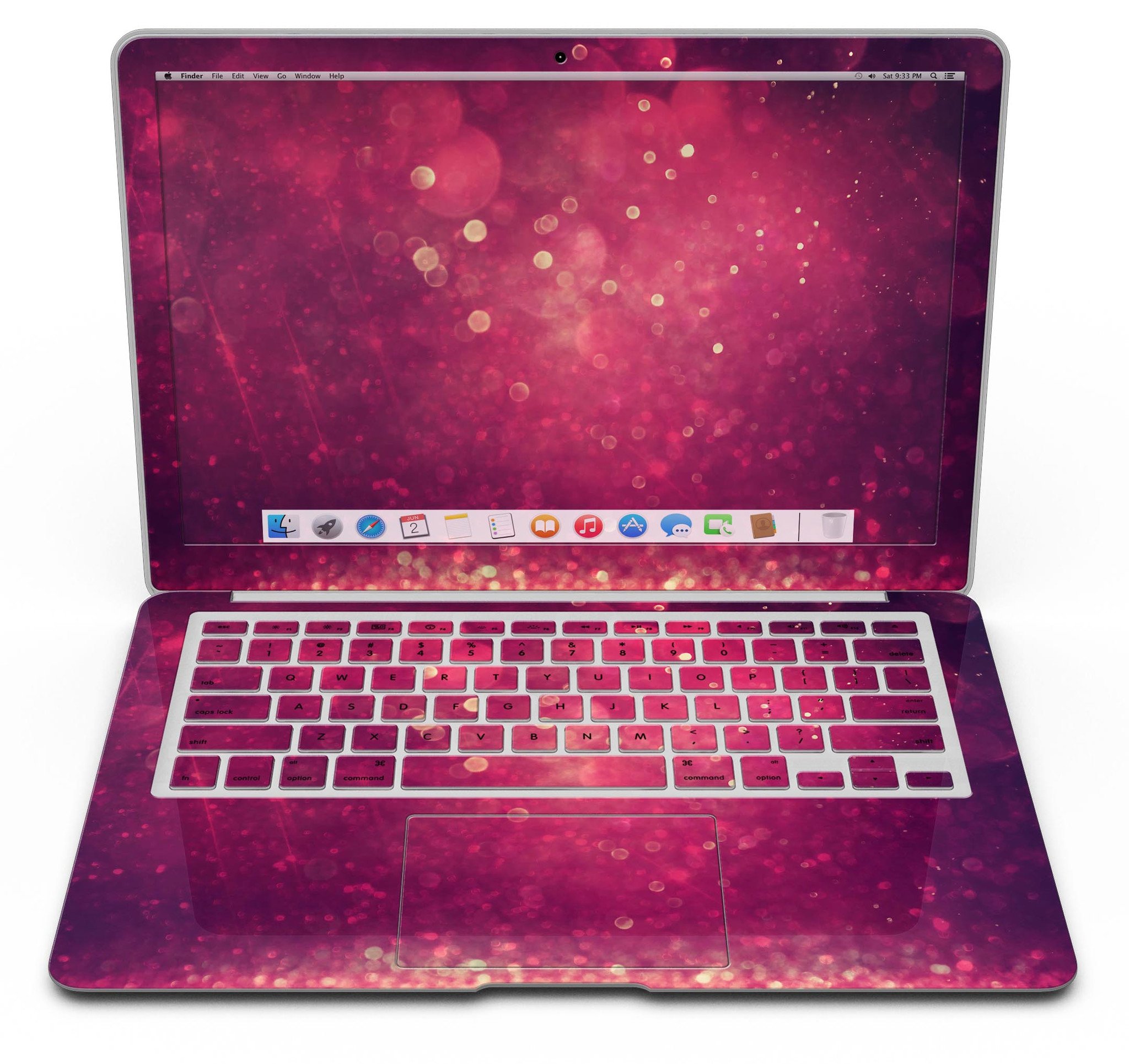 Dark pink shimmering orbs of light MacBook Air skin kit showcasing its vibrant design and premium vinyl material.