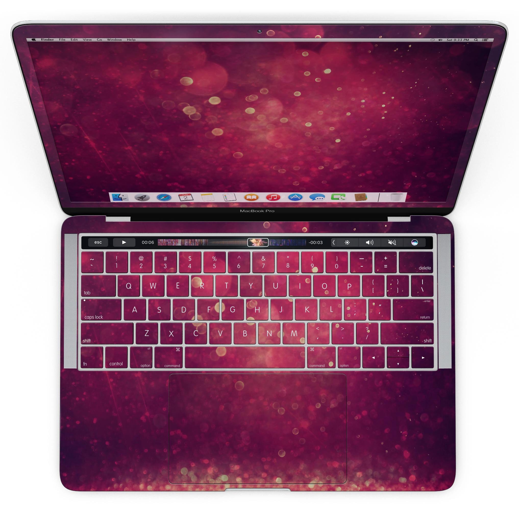 Dark Pink Shimmering Orbs of Light skin for MacBook Pro with Touch Bar, showcasing a vibrant design that adds style and protection.