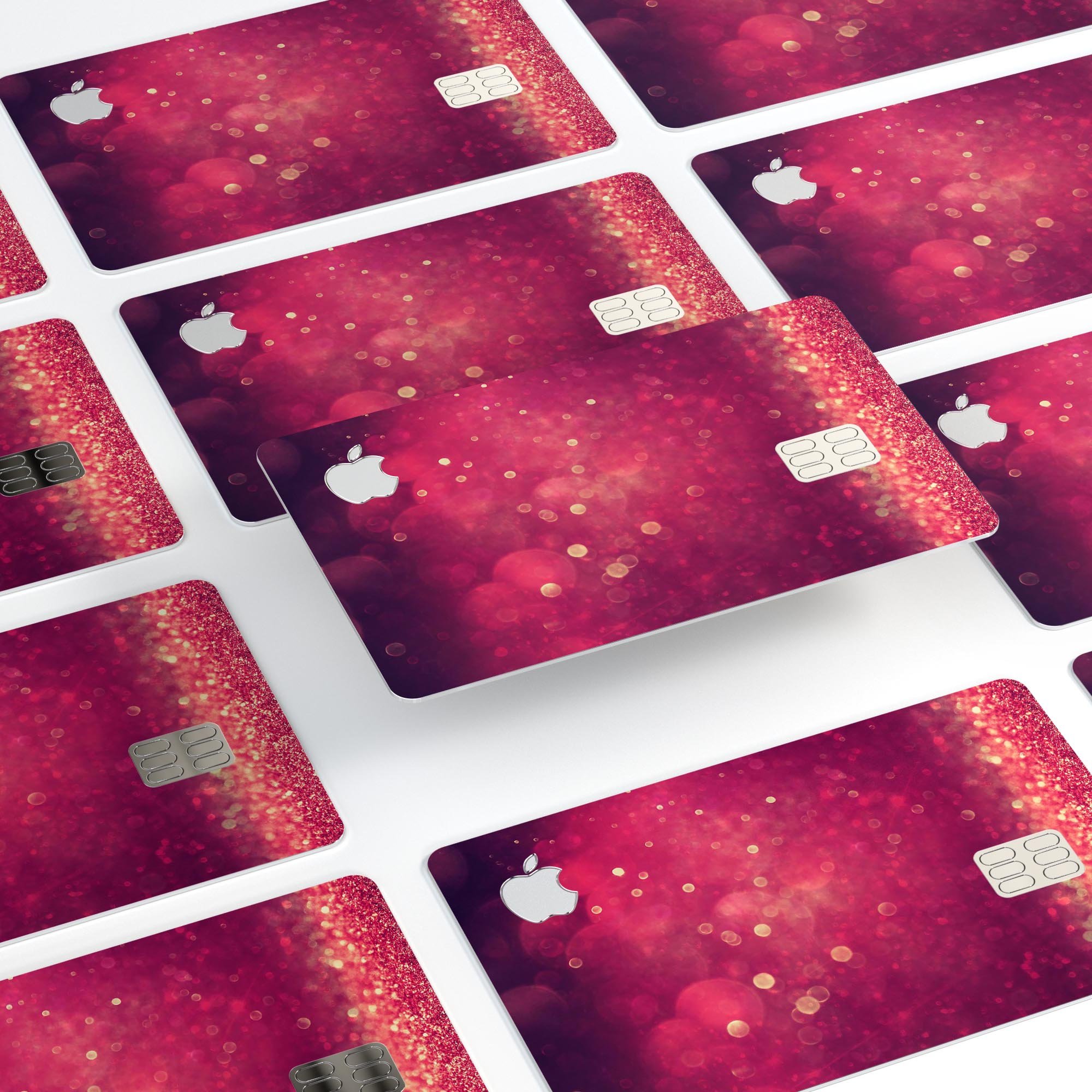 Dark Pink Shimmering Orbs of Light decal skin for Apple Card, showcasing a vibrant design with protective features.