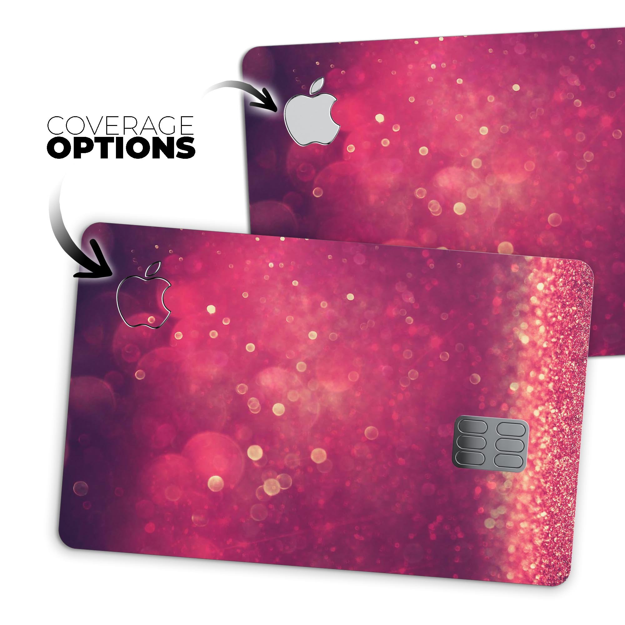 Dark Pink Shimmering Orbs of Light decal skin for Apple Card, showcasing a vibrant design with protective features.