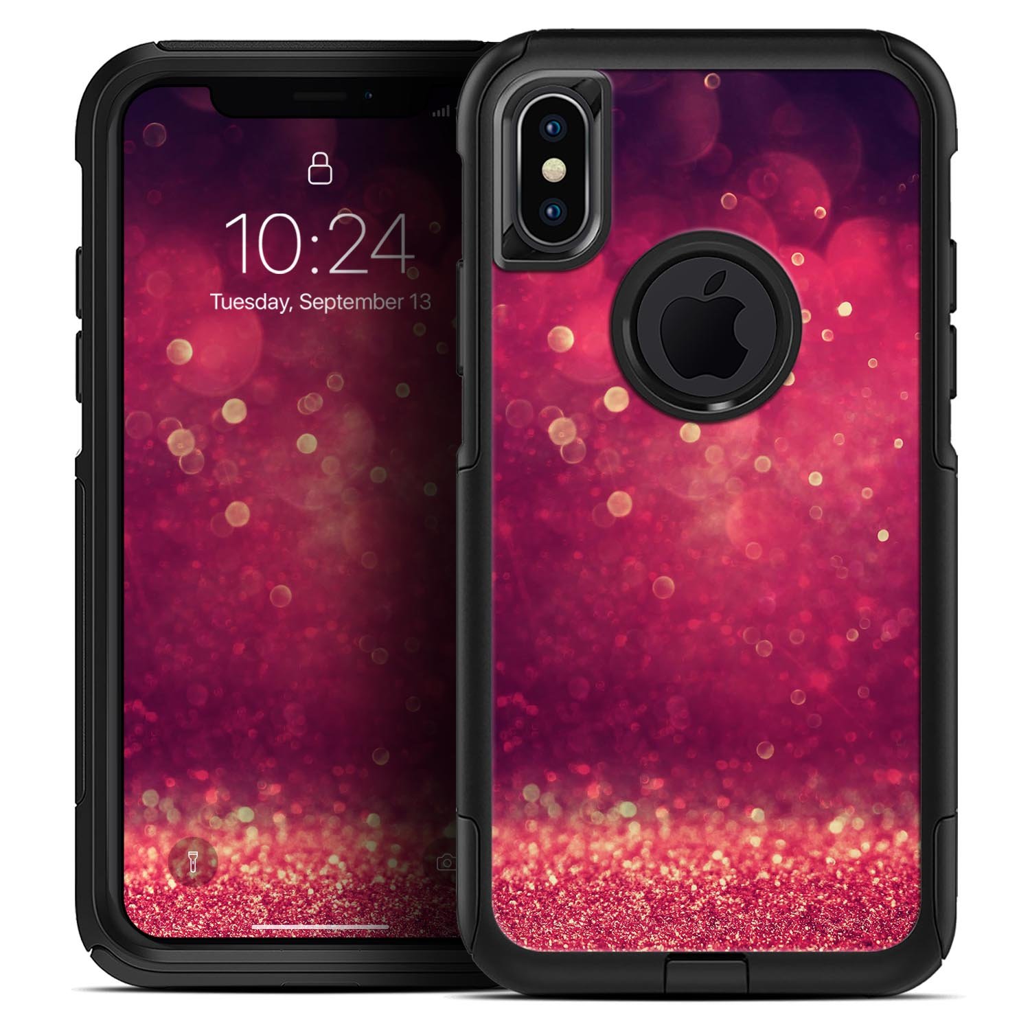 Dark pink shimmering skin kit for iPhone OtterBox, showcasing elegant orbs of light design.