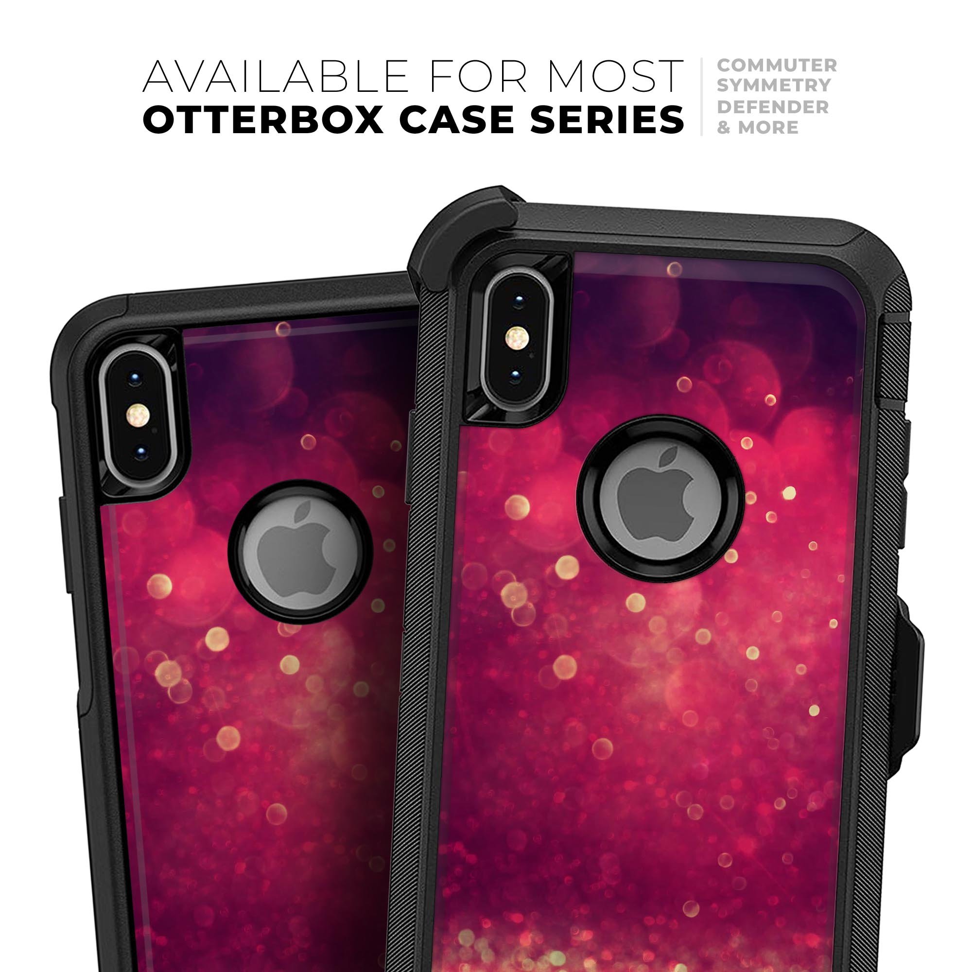 Dark pink shimmering skin kit for iPhone OtterBox, showcasing elegant orbs of light design.