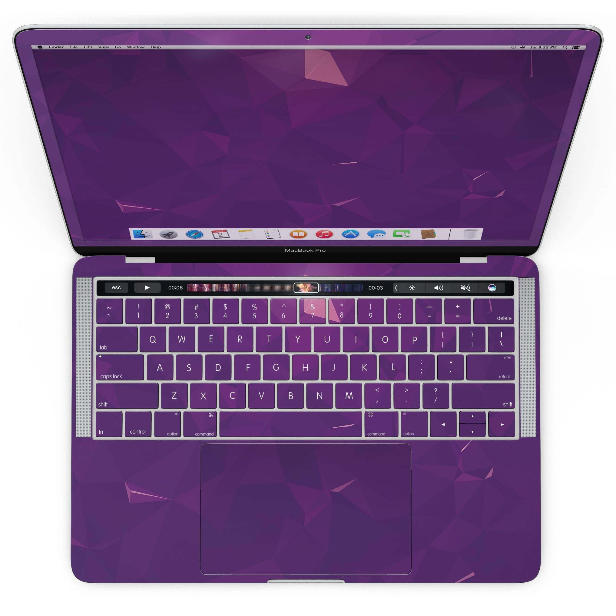 Dark Purple Geometric V15 skin kit for MacBook Pro with Touch Bar, showcasing a stylish geometric design on a sleek laptop.