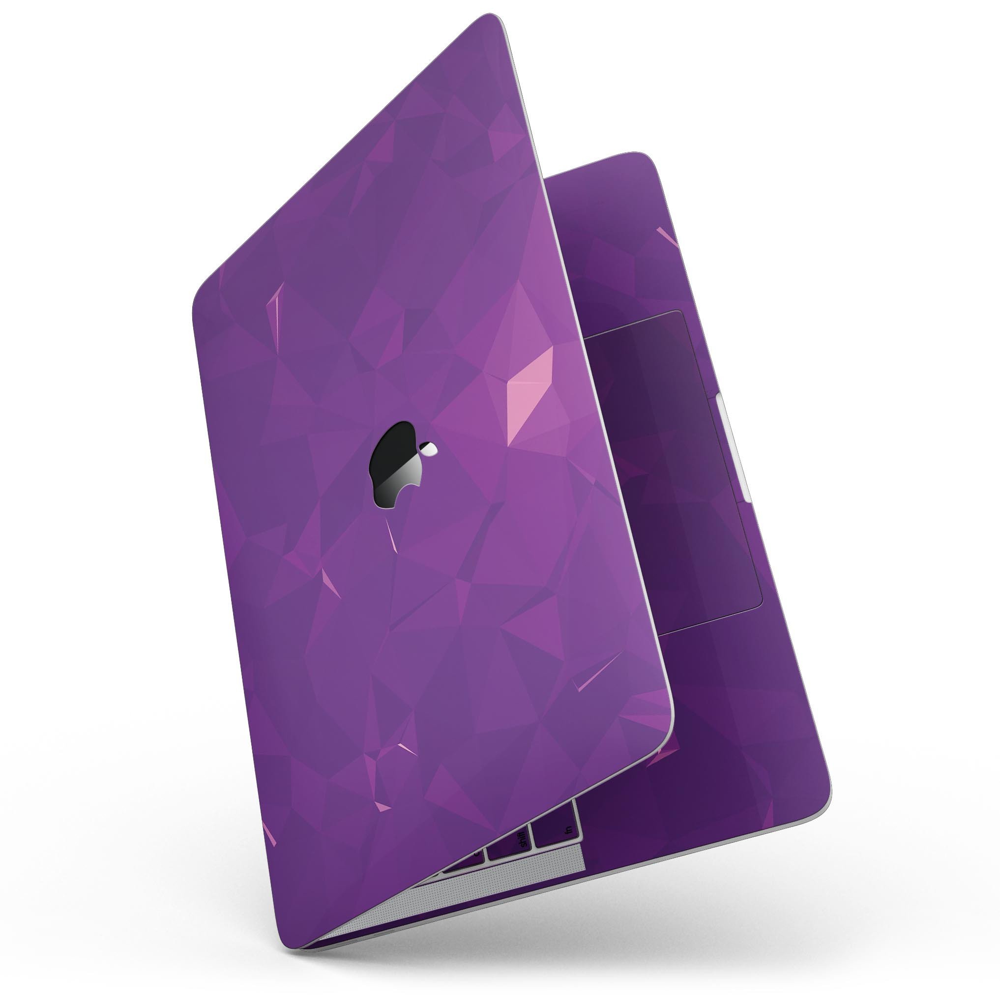 Dark Purple Geometric V15 skin kit for MacBook Pro with Touch Bar, showcasing a stylish geometric design on a sleek laptop.