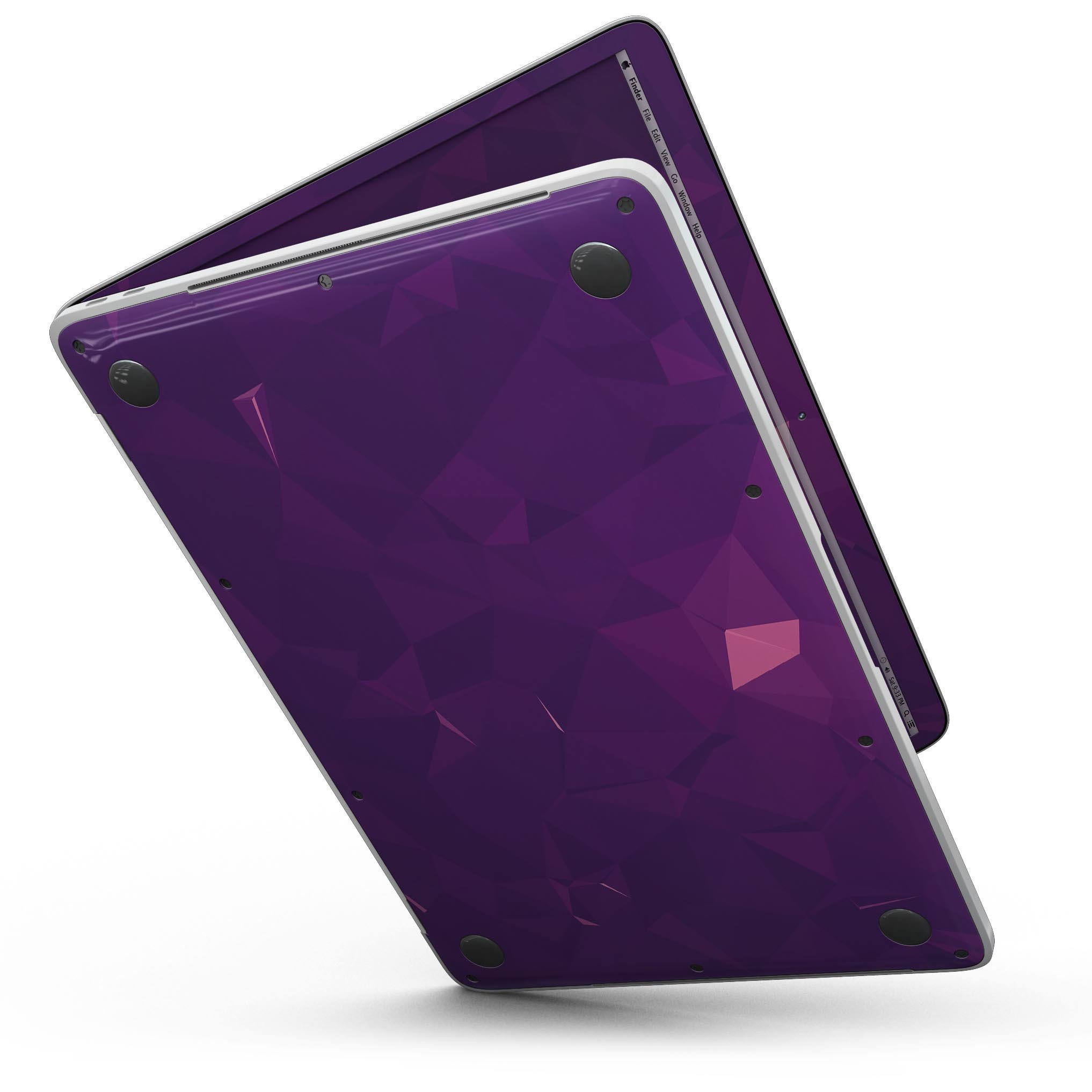 Dark Purple Geometric V15 skin kit for MacBook Pro with Touch Bar, showcasing a stylish geometric design on a sleek laptop.