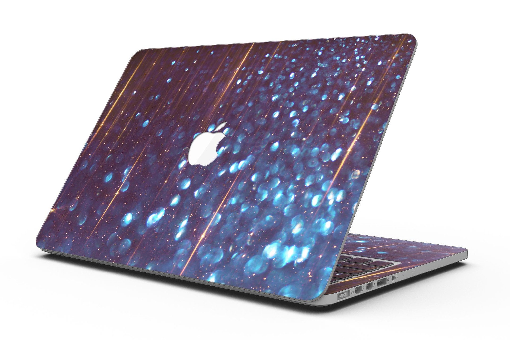 Dark Radiant Orbs of Blue skin for MacBook Pro with Retina Display, showcasing vibrant blue orbs with streaks on a sleek surface.