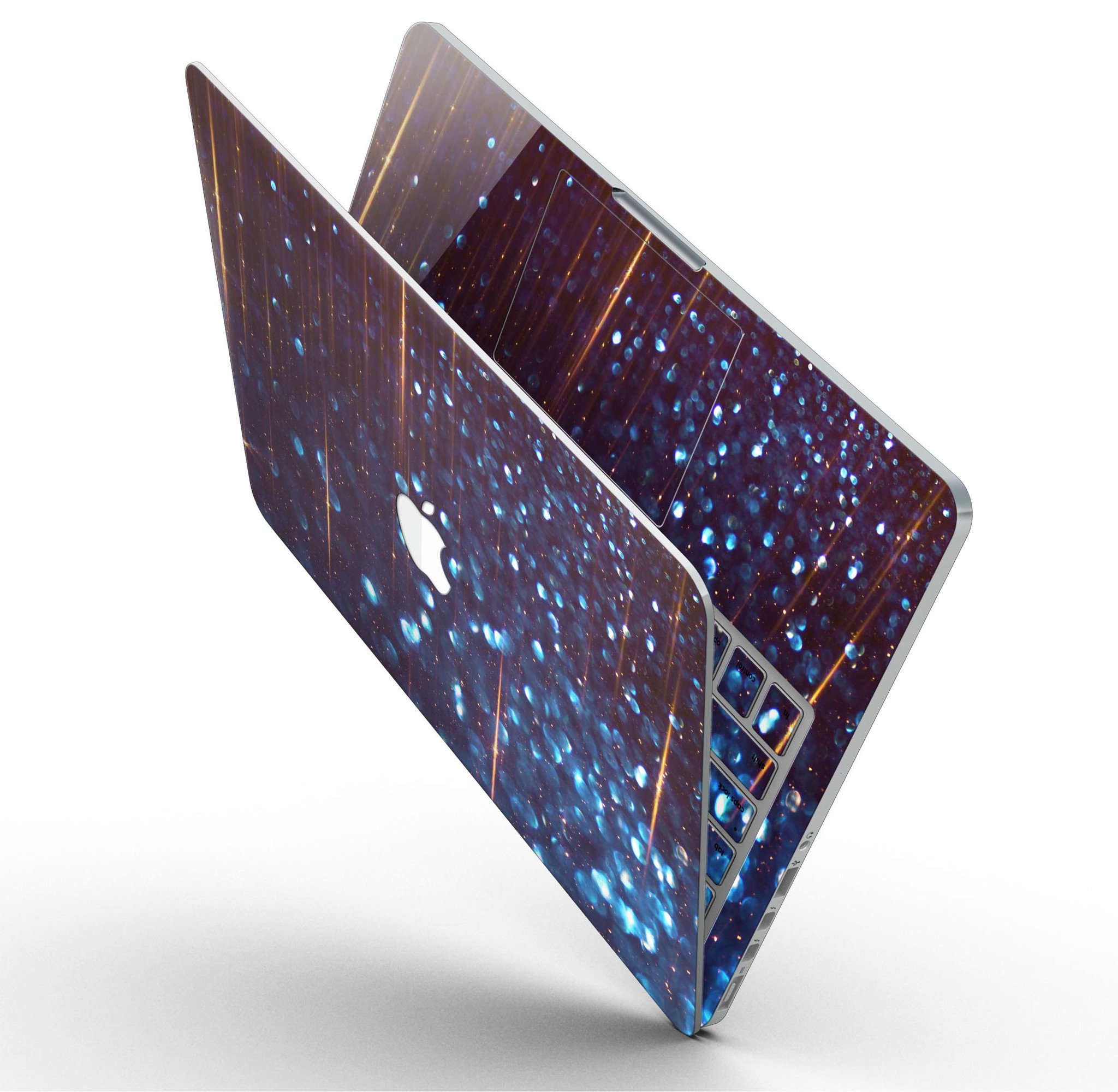 Dark Radiant Orbs of Blue skin for MacBook Pro with Retina Display, showcasing vibrant blue orbs with streaks on a sleek surface.