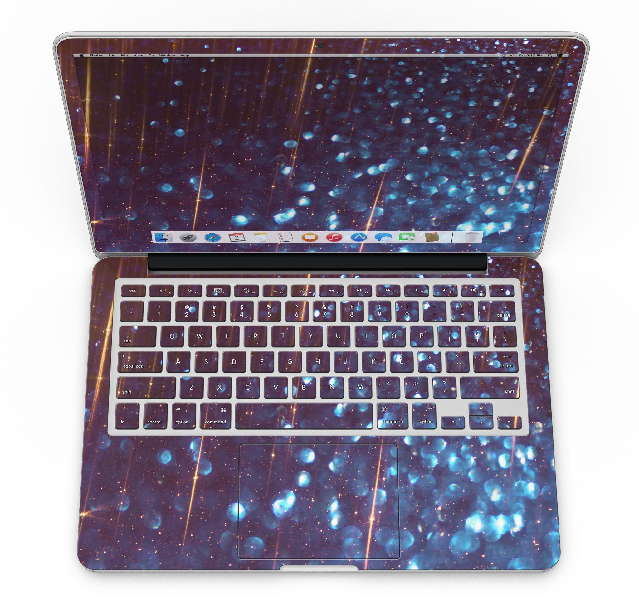 Dark Radiant Orbs of Blue skin for MacBook Pro with Retina Display, showcasing vibrant blue orbs with streaks on a sleek surface.