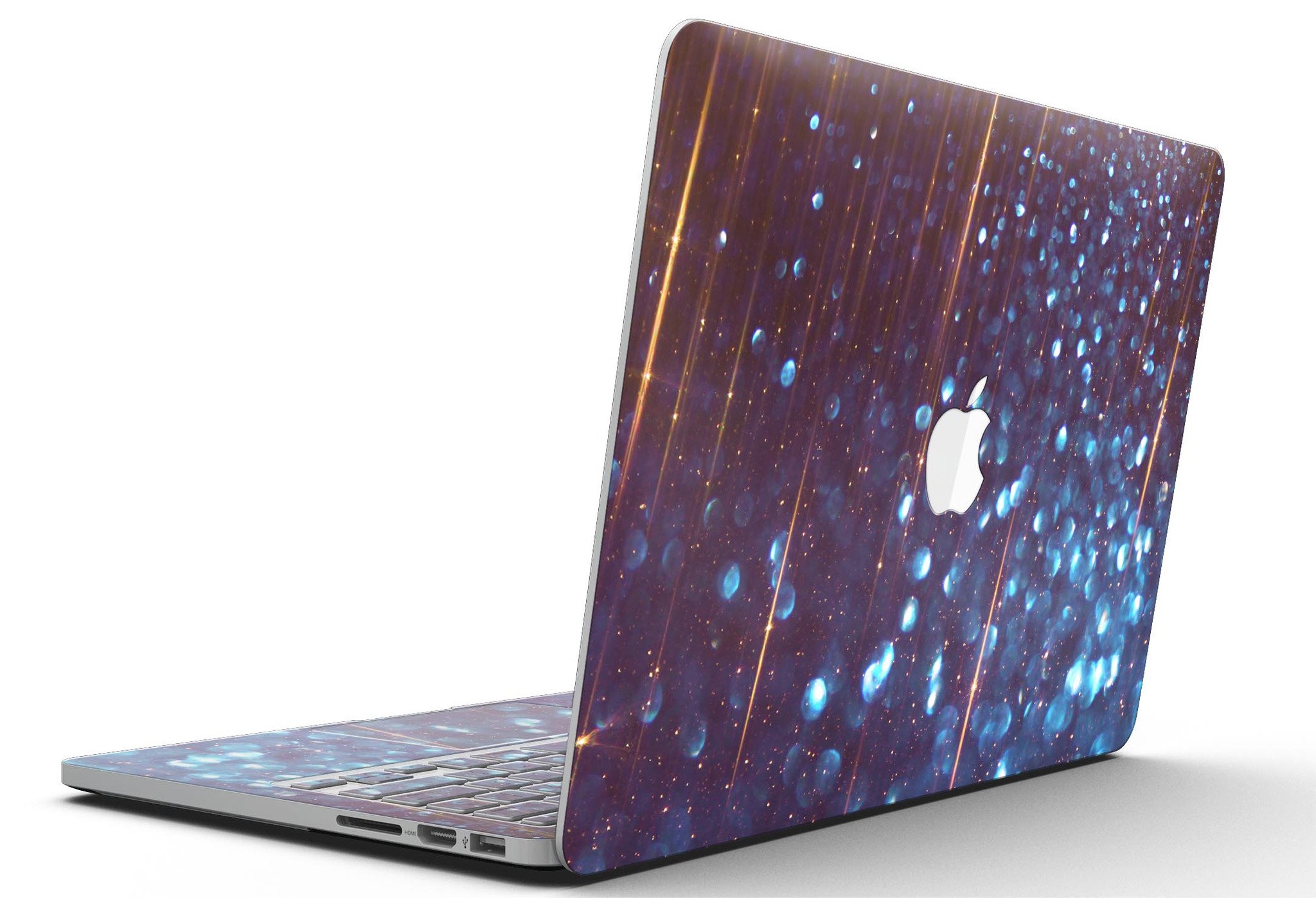 Dark Radiant Orbs of Blue skin for MacBook Pro with Retina Display, showcasing vibrant blue orbs with streaks on a sleek surface.