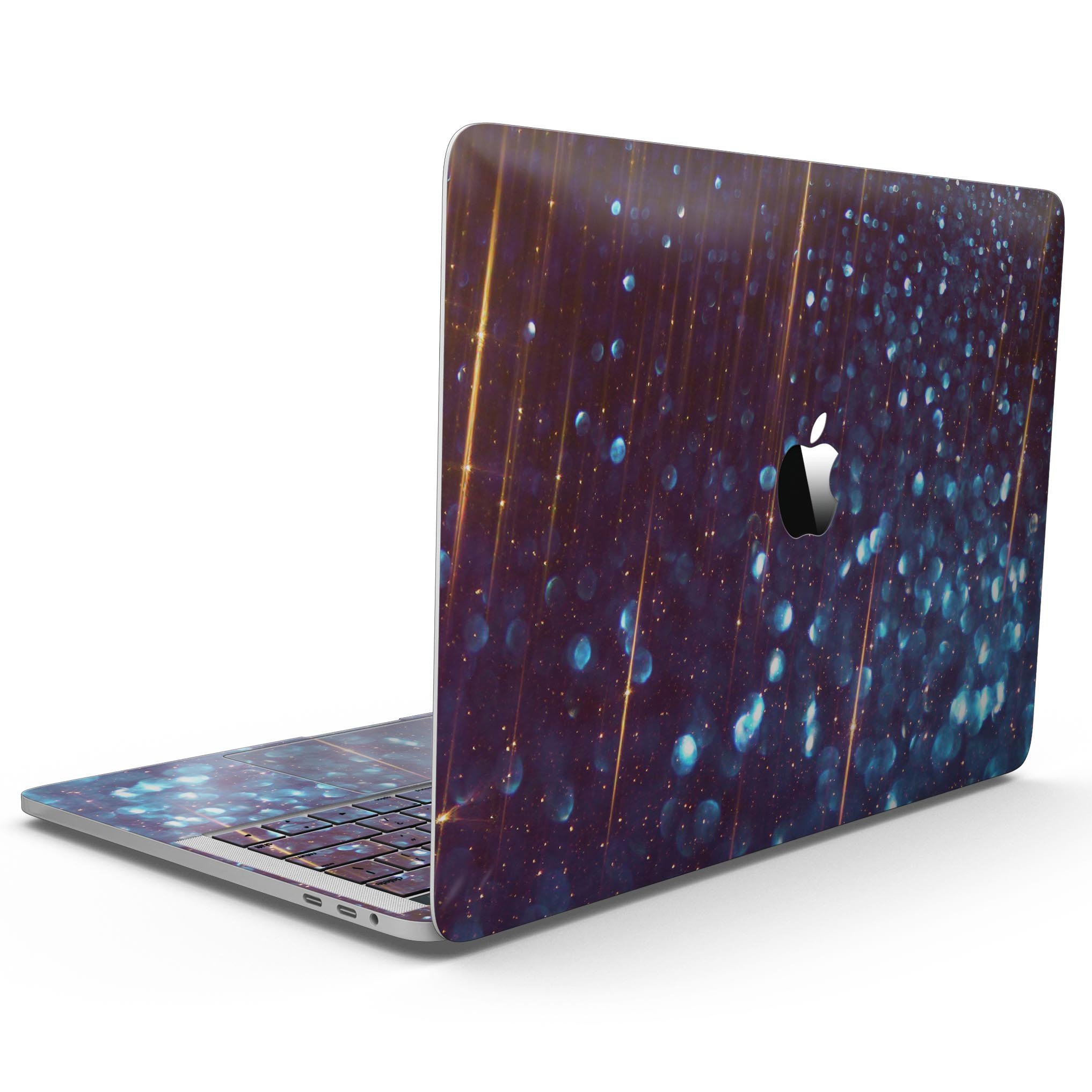 Dark Radiant Orbs of Blue skin for MacBook Pro with Touch Bar, showcasing vibrant blue orbs with streaks on a sleek surface.