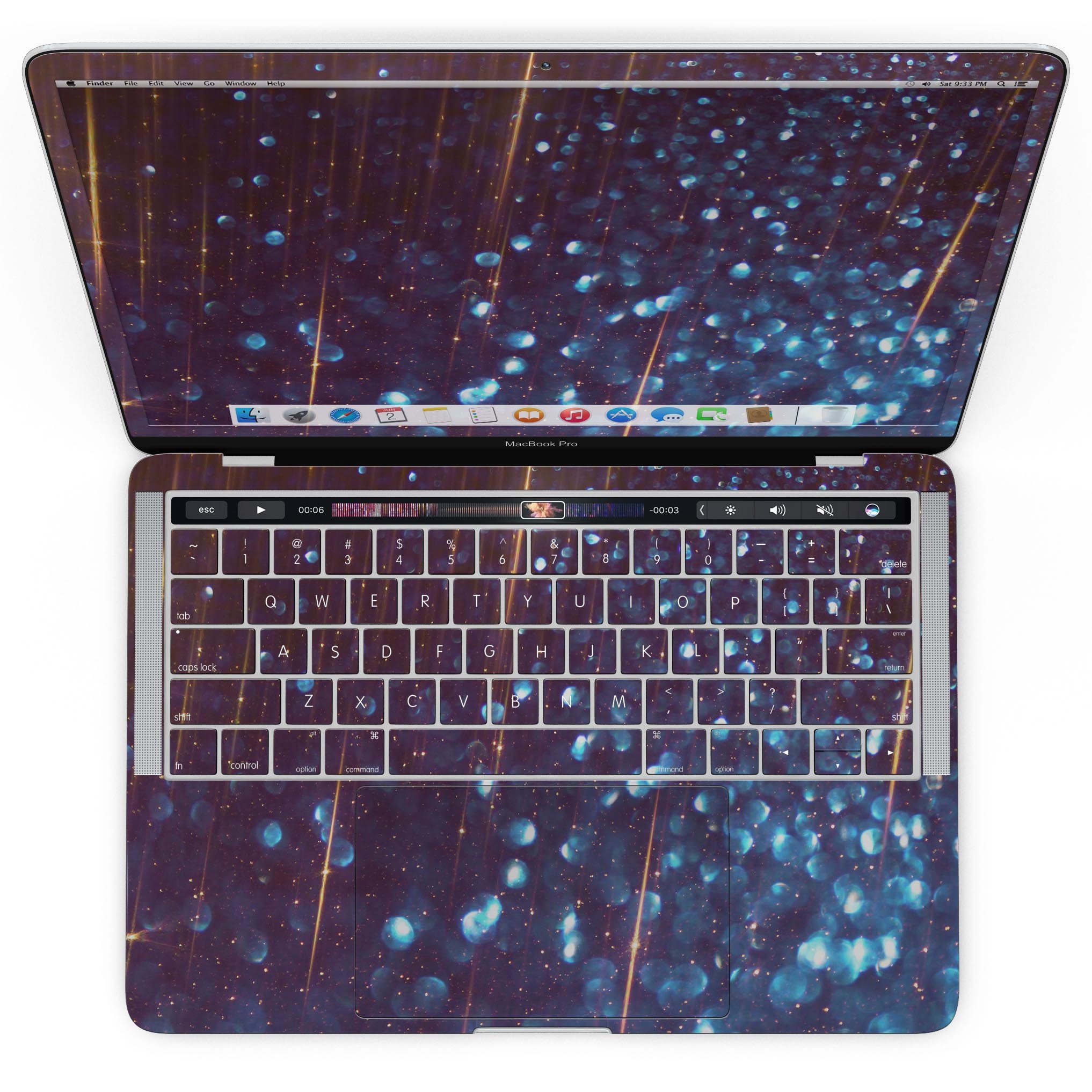 Dark Radiant Orbs of Blue skin for MacBook Pro with Touch Bar, showcasing vibrant blue orbs with streaks on a sleek surface.