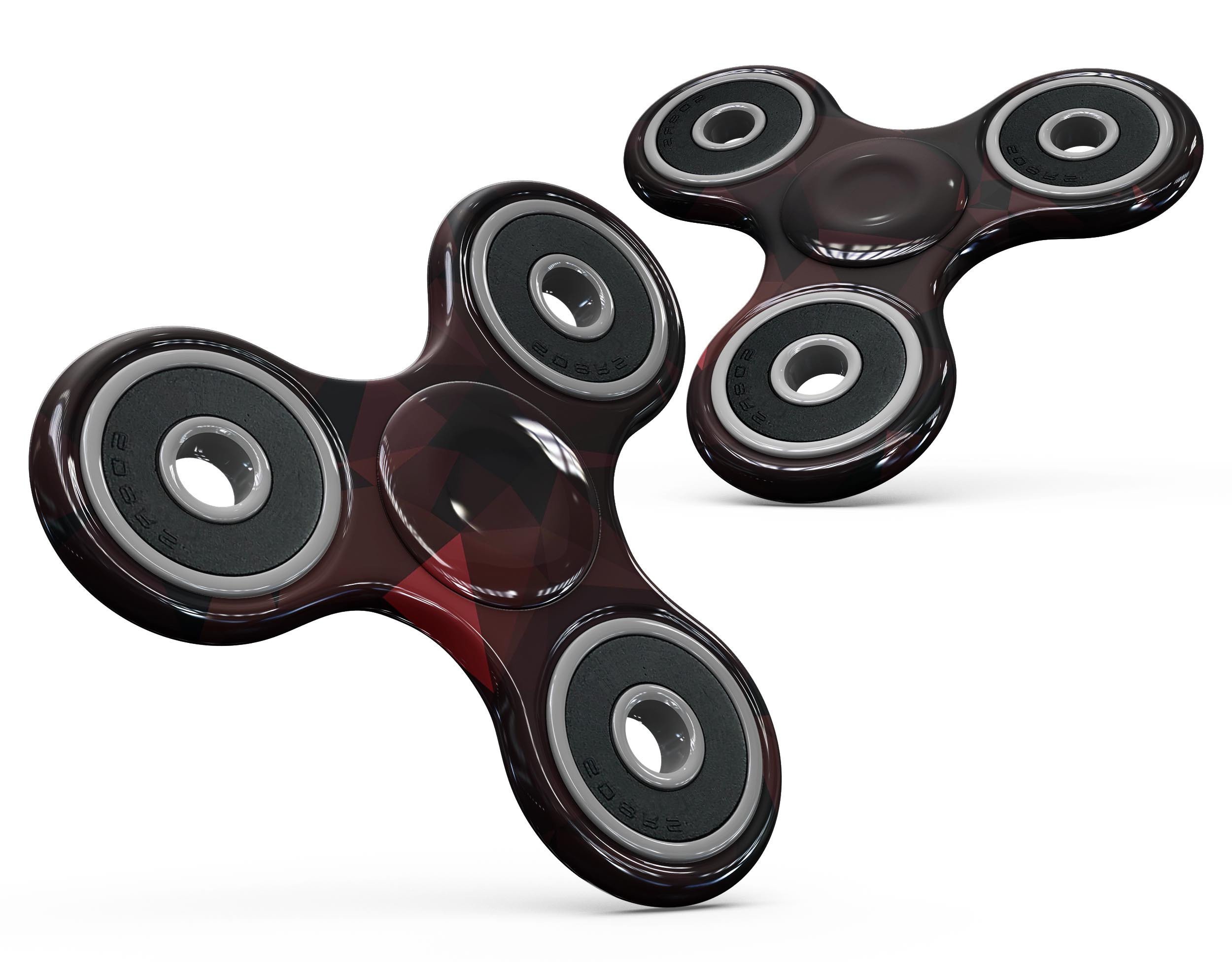 Dark red geometric triangles fidget spinner skin kit showcasing vibrant design and premium vinyl material.