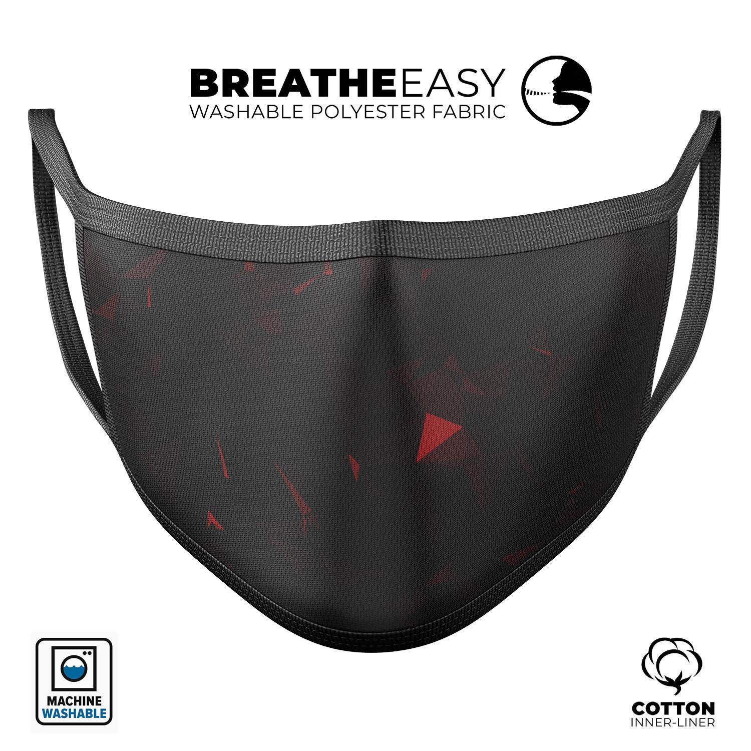 Dark Red Geometric Triangles mouth cover, showcasing a stylish design with adjustable ear loops for a comfortable fit.