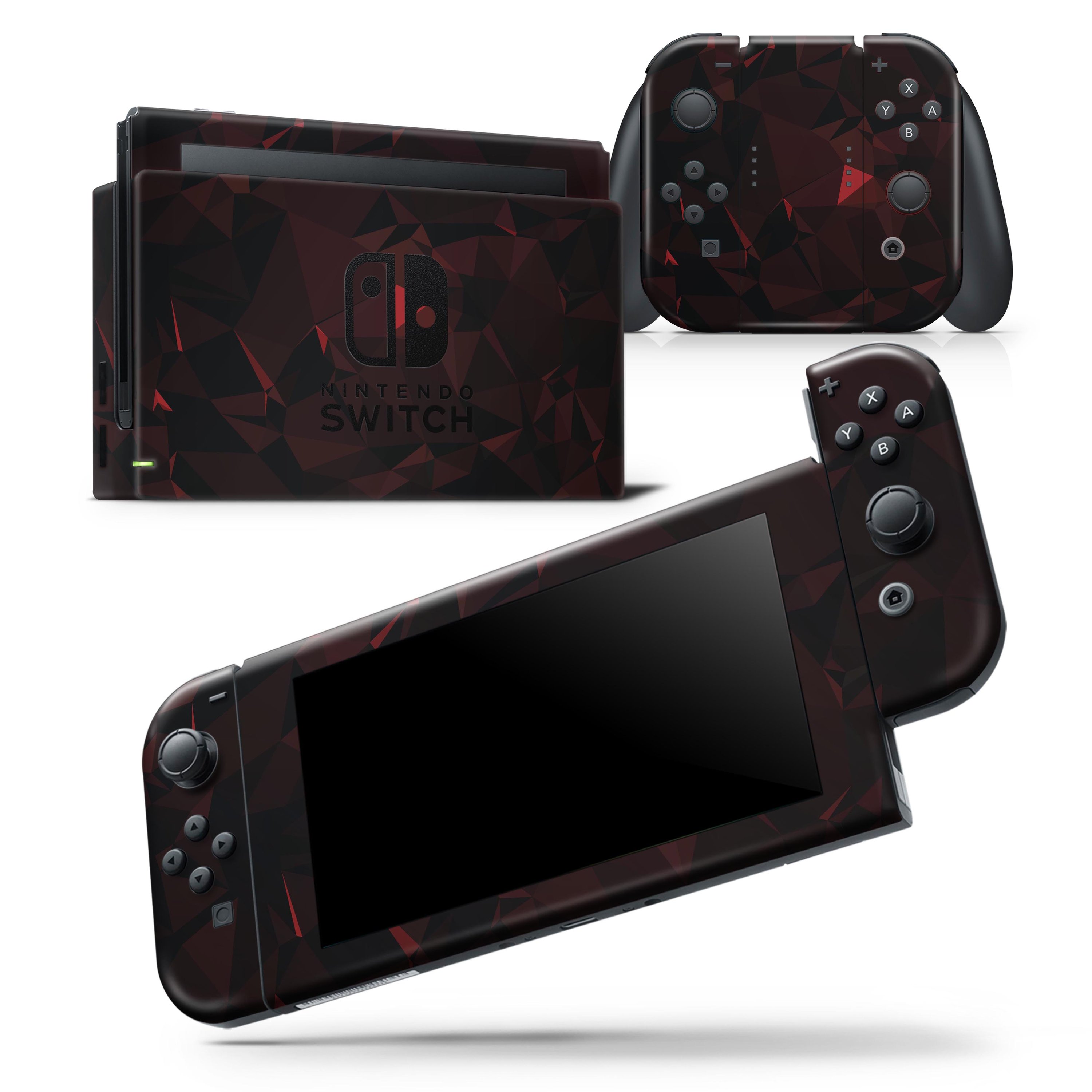 Dark Red Geometric Triangles skin wrap decal for Nintendo Switch, showcasing a vibrant geometric design that fits the console and controllers perfectly.