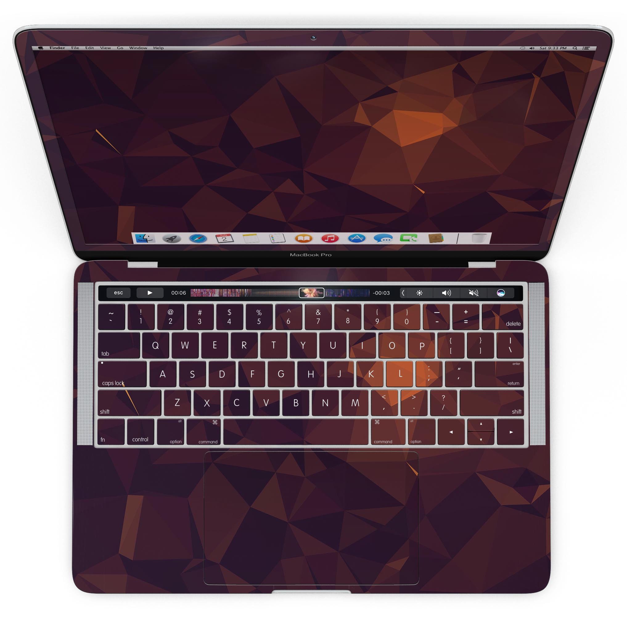 Dark Red Geometric V15 skin kit for MacBook Pro with Touch Bar, showcasing a stylish geometric pattern on a sleek laptop.