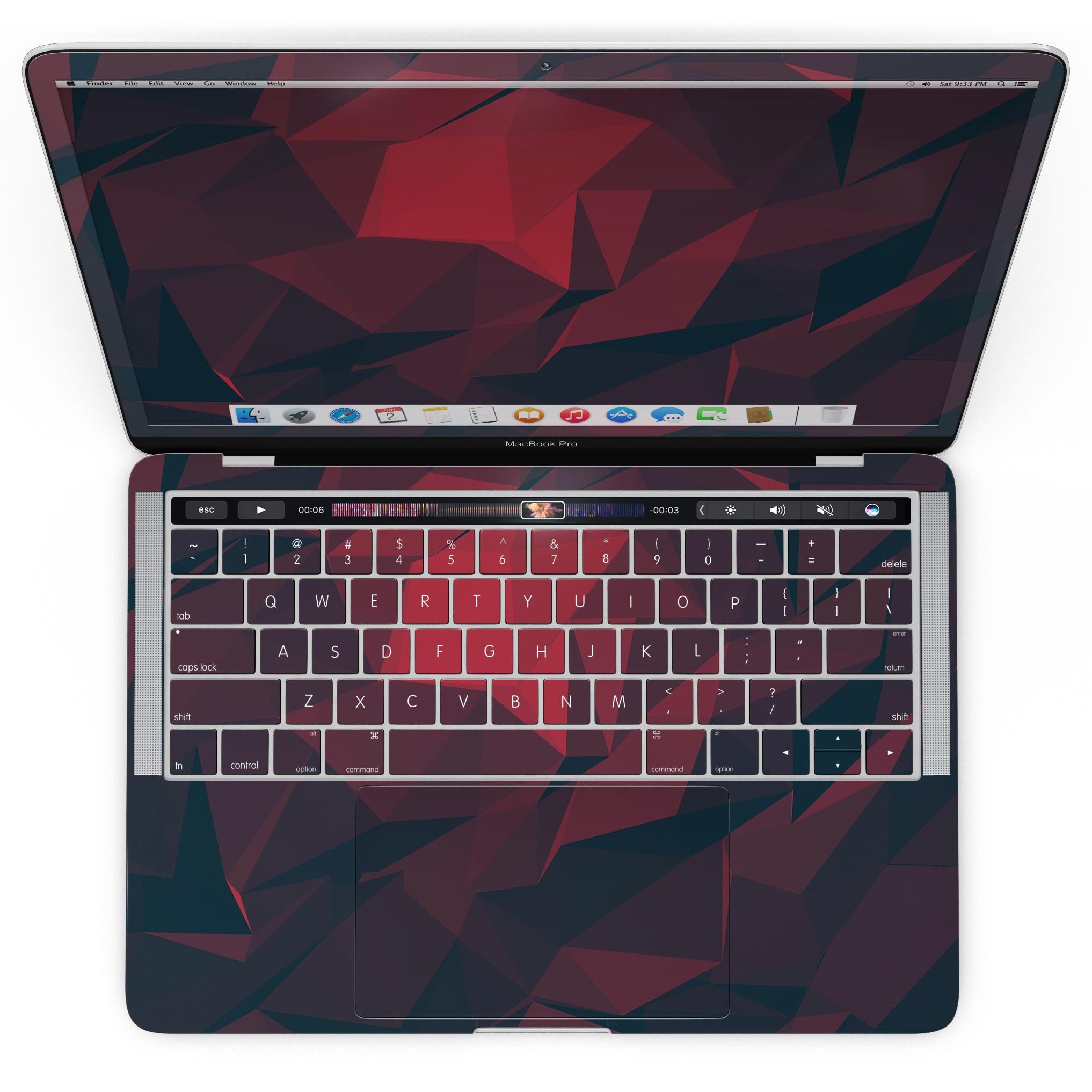 Dark Red Geometric V16 skin kit for MacBook Pro with Touch Bar, showcasing a stylish geometric design and premium vinyl material.