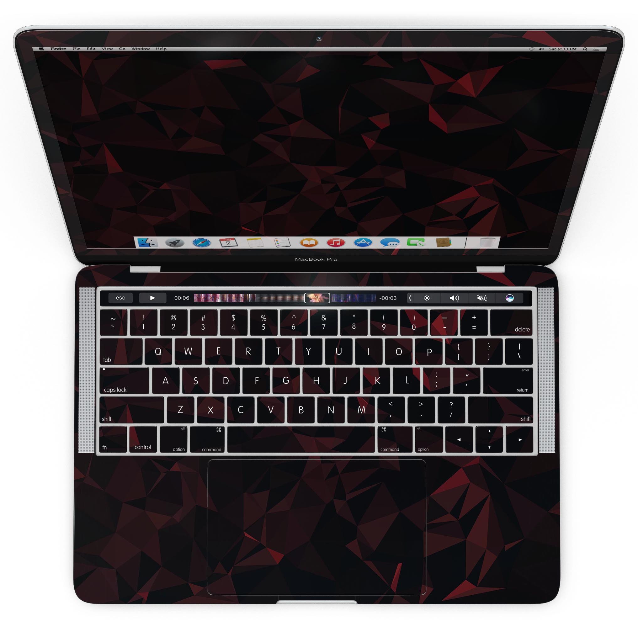 Dark Red Geometric V2 skin kit for MacBook Pro with Touch Bar, showcasing a vibrant geometric design on premium vinyl.