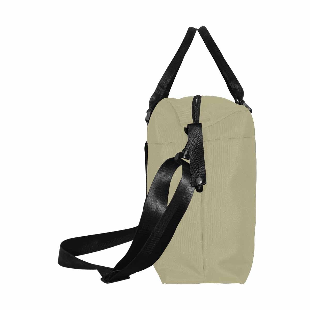 A large dark sage green duffel bag made from durable oxford fabric, featuring handles, an adjustable strap, and multiple compartments for travel convenience.