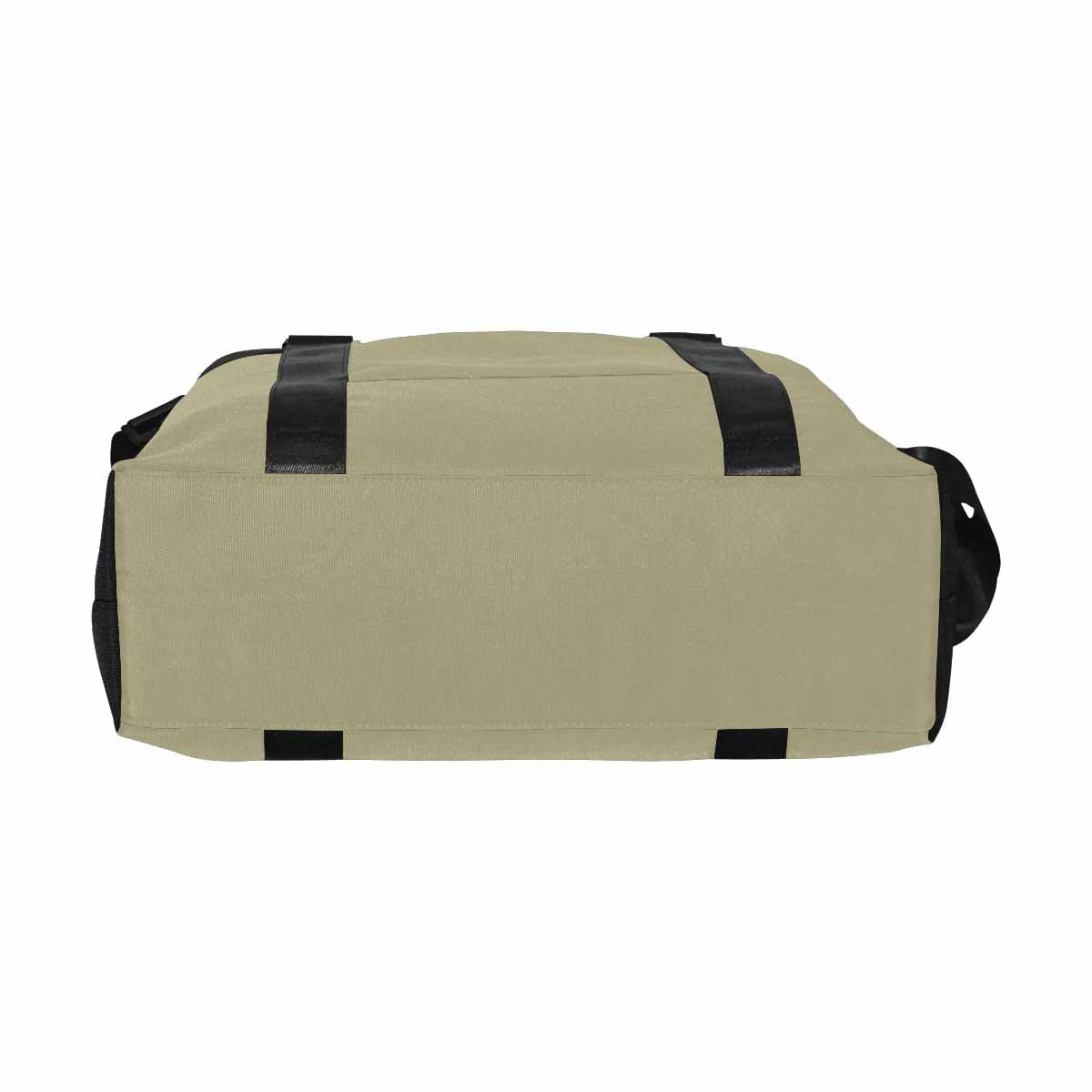 A large dark sage green duffel bag made from durable oxford fabric, featuring handles, an adjustable strap, and multiple compartments for travel convenience.