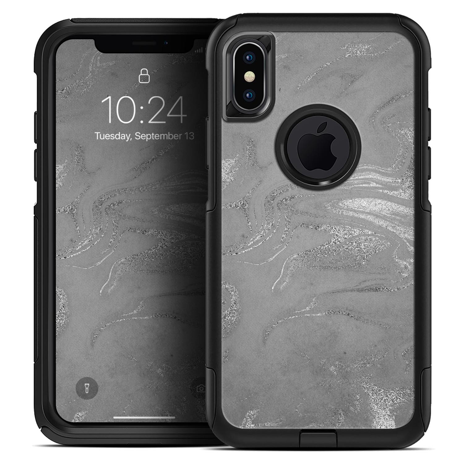 Dark Silver Marble Swirl V6 Skin Kit for iPhone OtterBox Cases, showcasing a stylish marble design.