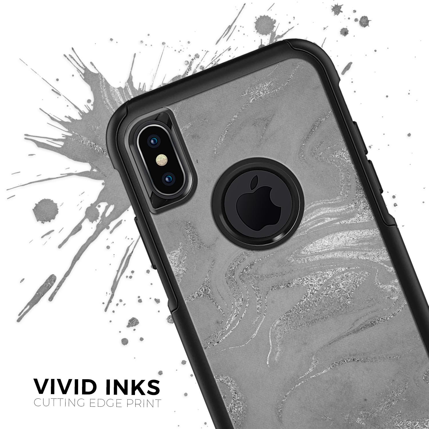 Dark Silver Marble Swirl V6 Skin Kit for iPhone OtterBox Cases, showcasing a stylish marble design.