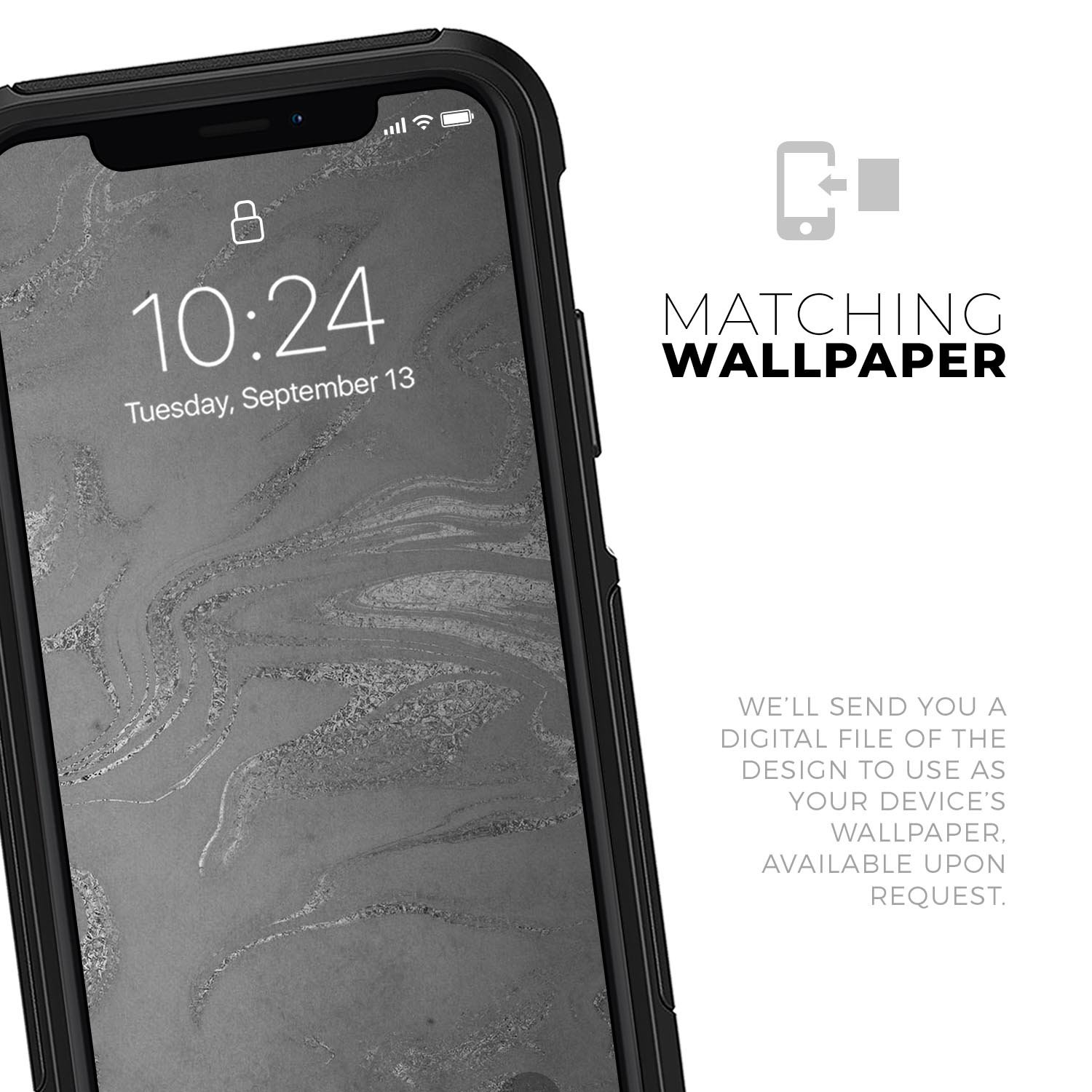 Dark Silver Marble Swirl V6 Skin Kit for iPhone OtterBox Cases, showcasing a stylish marble design.