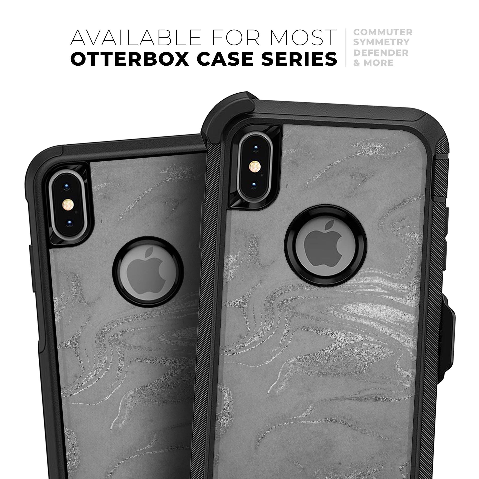 Dark Silver Marble Swirl V6 Skin Kit for iPhone OtterBox Cases, showcasing a stylish marble design.