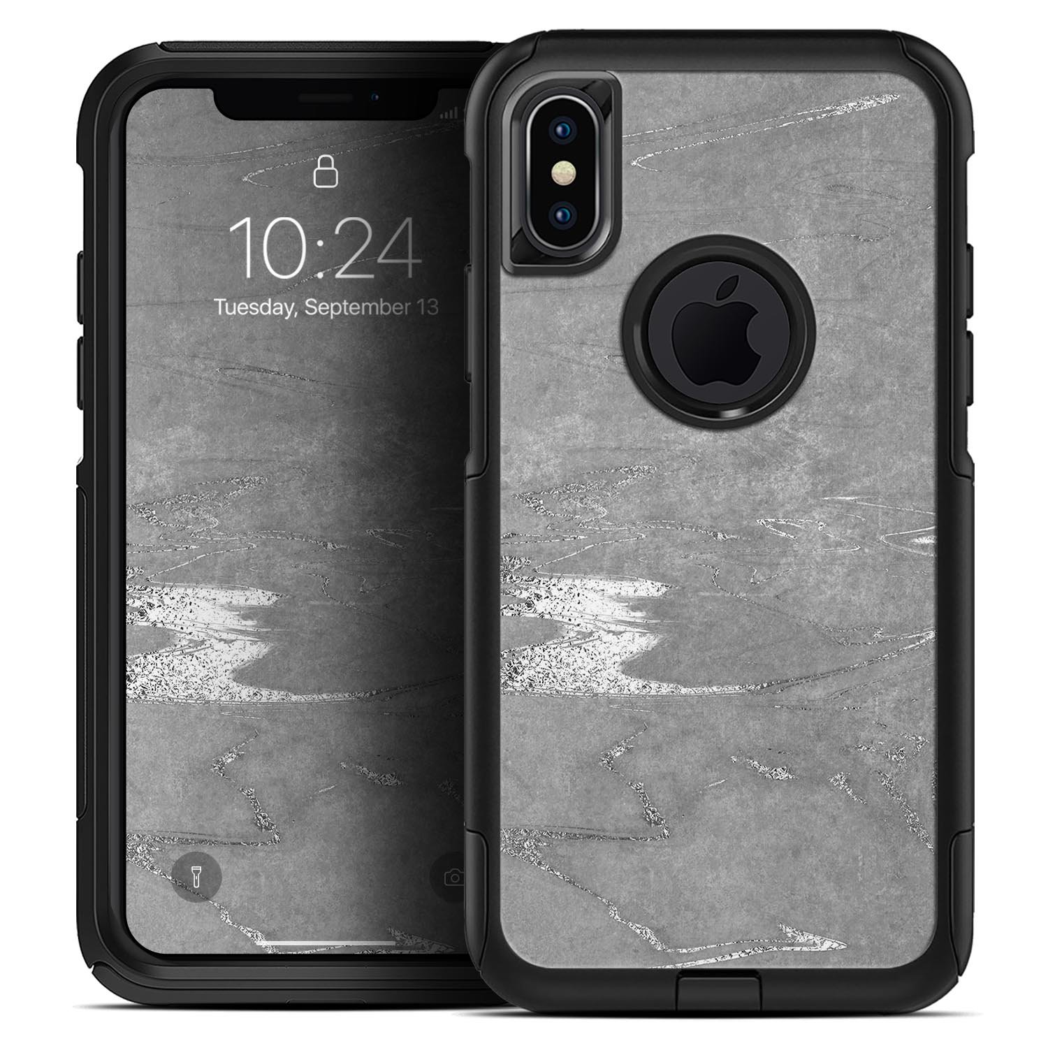 Dark Silver Marble Swirl V7 Skin Kit for iPhone OtterBox Cases, showcasing a stylish marble design on a protective skin.