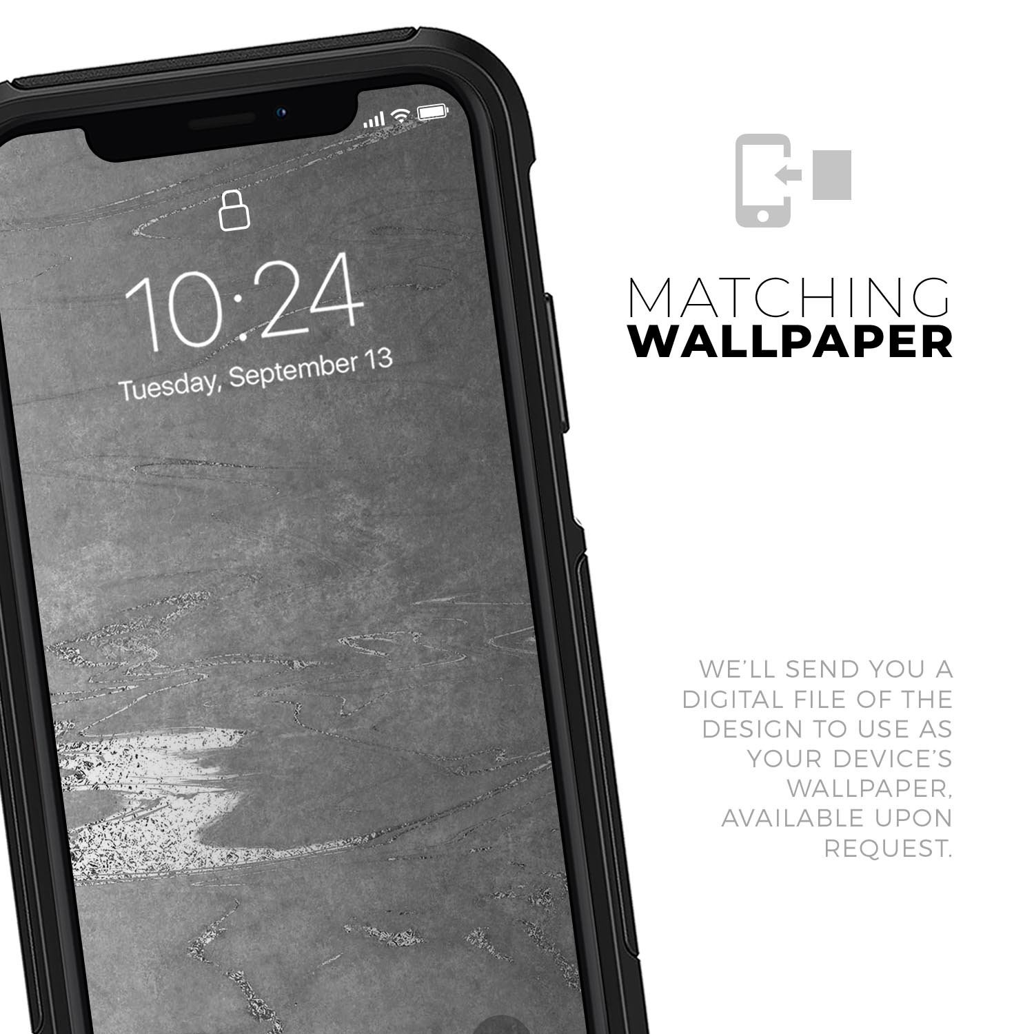 Dark Silver Marble Swirl V7 Skin Kit for iPhone OtterBox Cases, showcasing a stylish marble design on a protective skin.