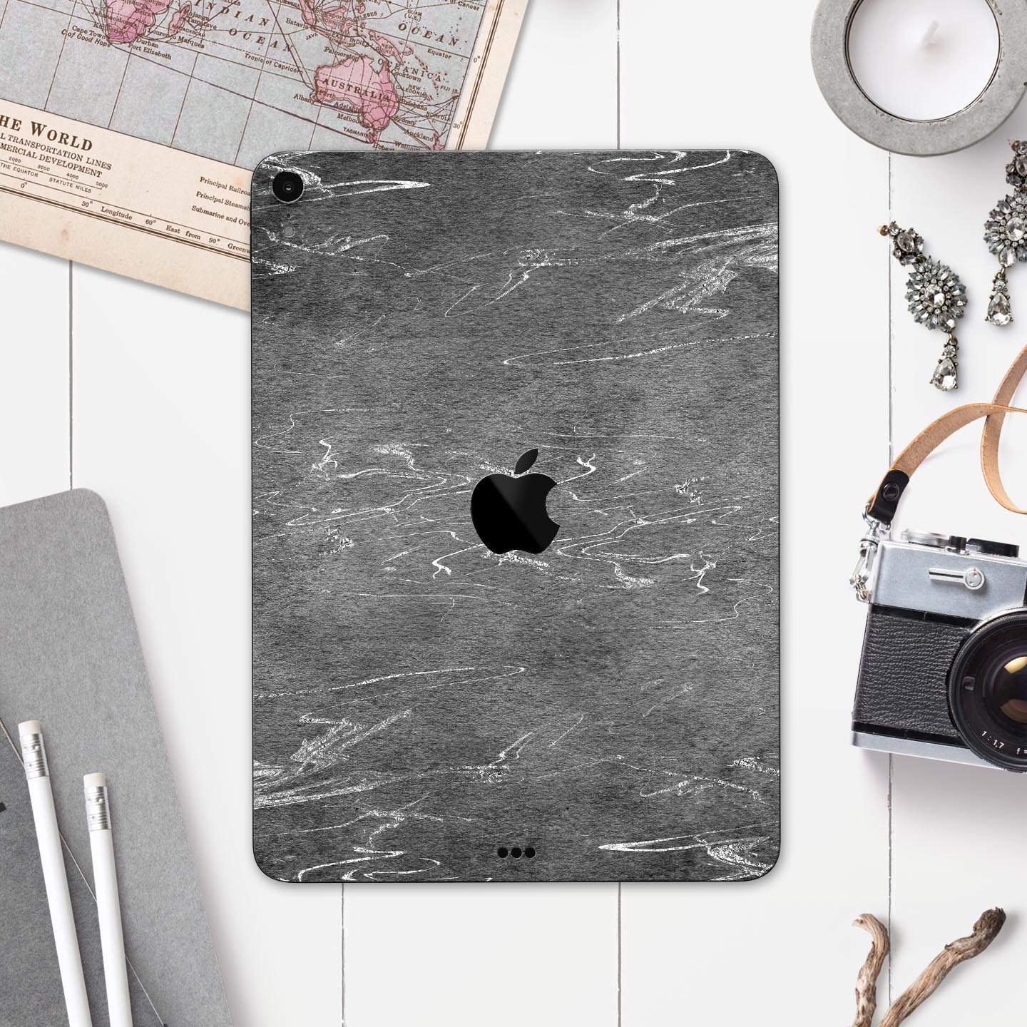 Dark Silver Marble Swirl V8 skin decal for Apple iPad, showcasing a stylish marble design with a premium finish.