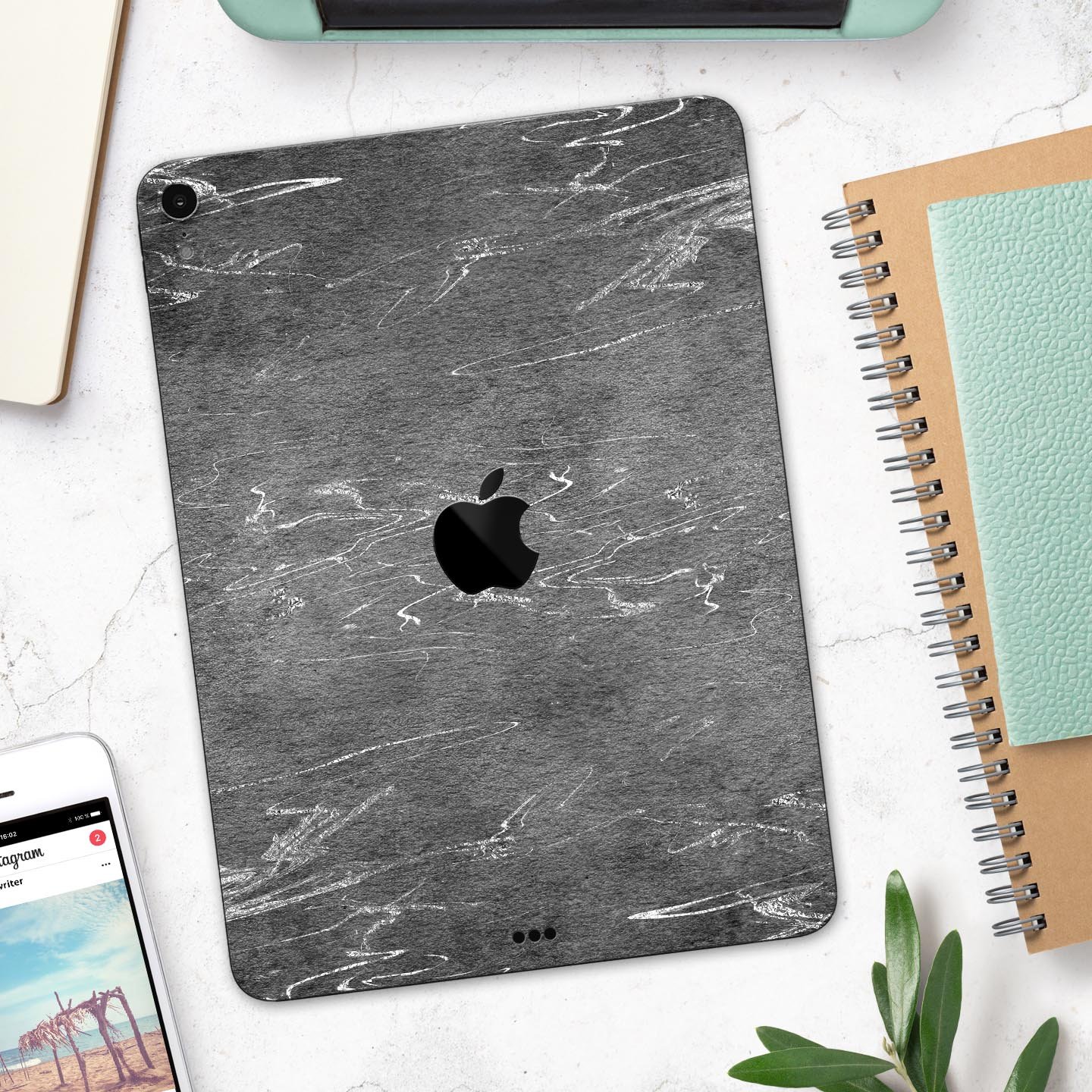 Dark Silver Marble Swirl V8 skin decal for Apple iPad, showcasing a stylish marble design with a premium finish.