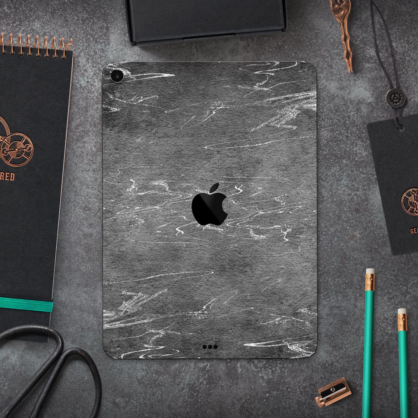 Dark Silver Marble Swirl V8 skin decal for Apple iPad, showcasing a stylish marble design with a premium finish.